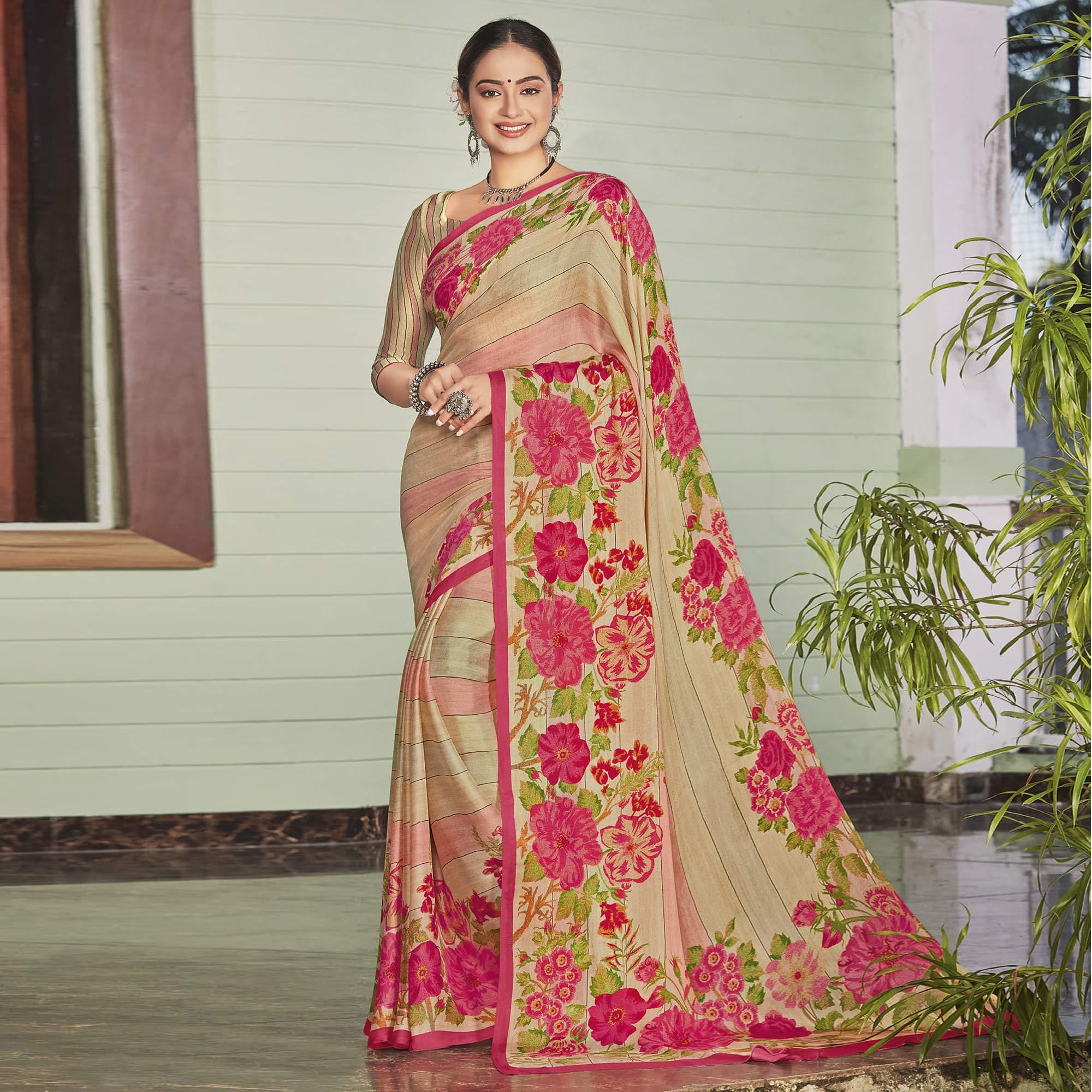 Chikoo Casual Wear Printed Crepe Saree - Peachmode