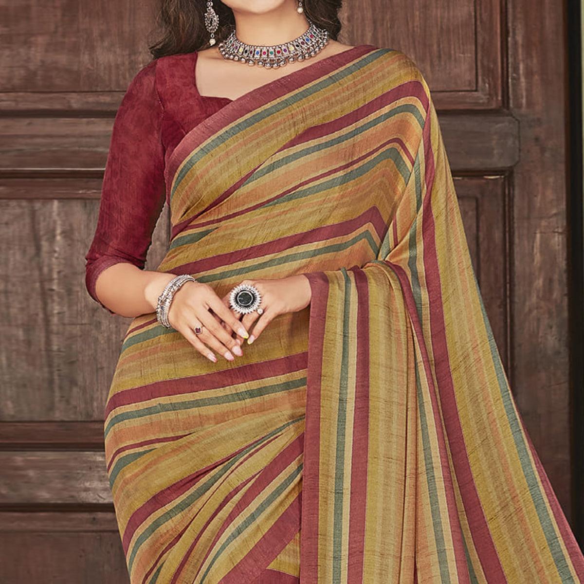 Chikoo Casual Wear Printed Crepe Saree - Peachmode