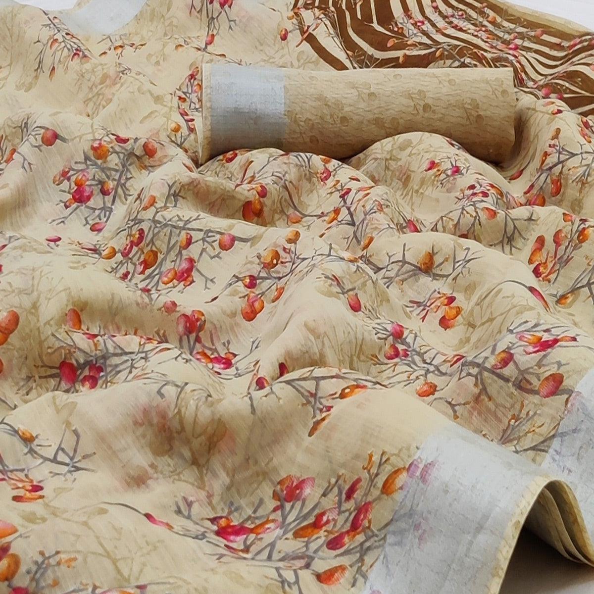 Chikoo Casual Wear Printed Linen Cotton Saree - Peachmode