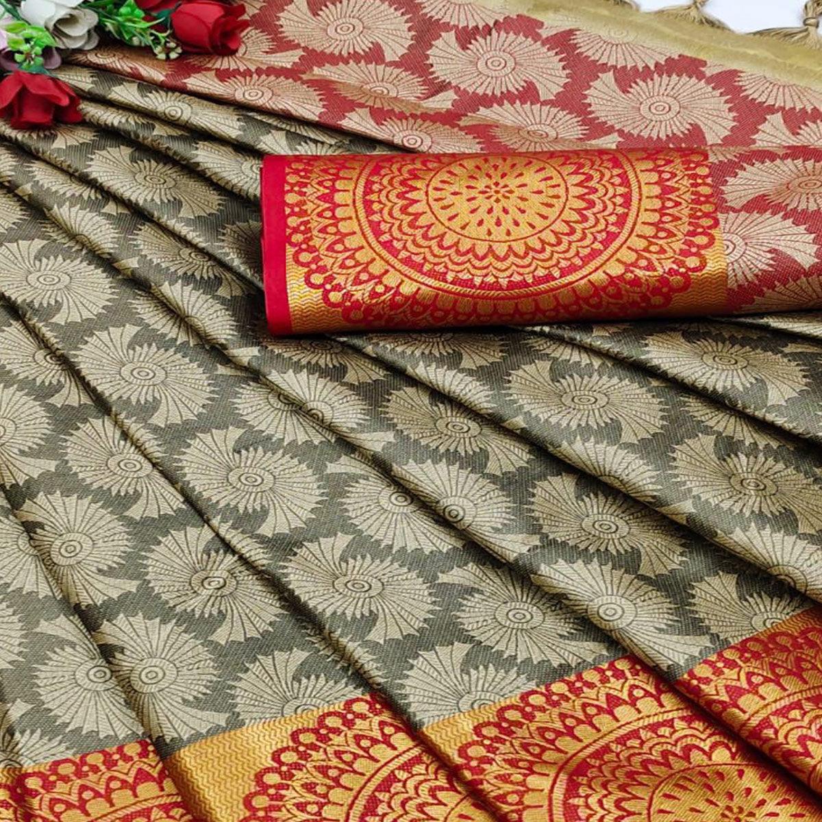 Chikoo Colored Festive Wear Woven Desginer Cotton Silk Saree - Peachmode