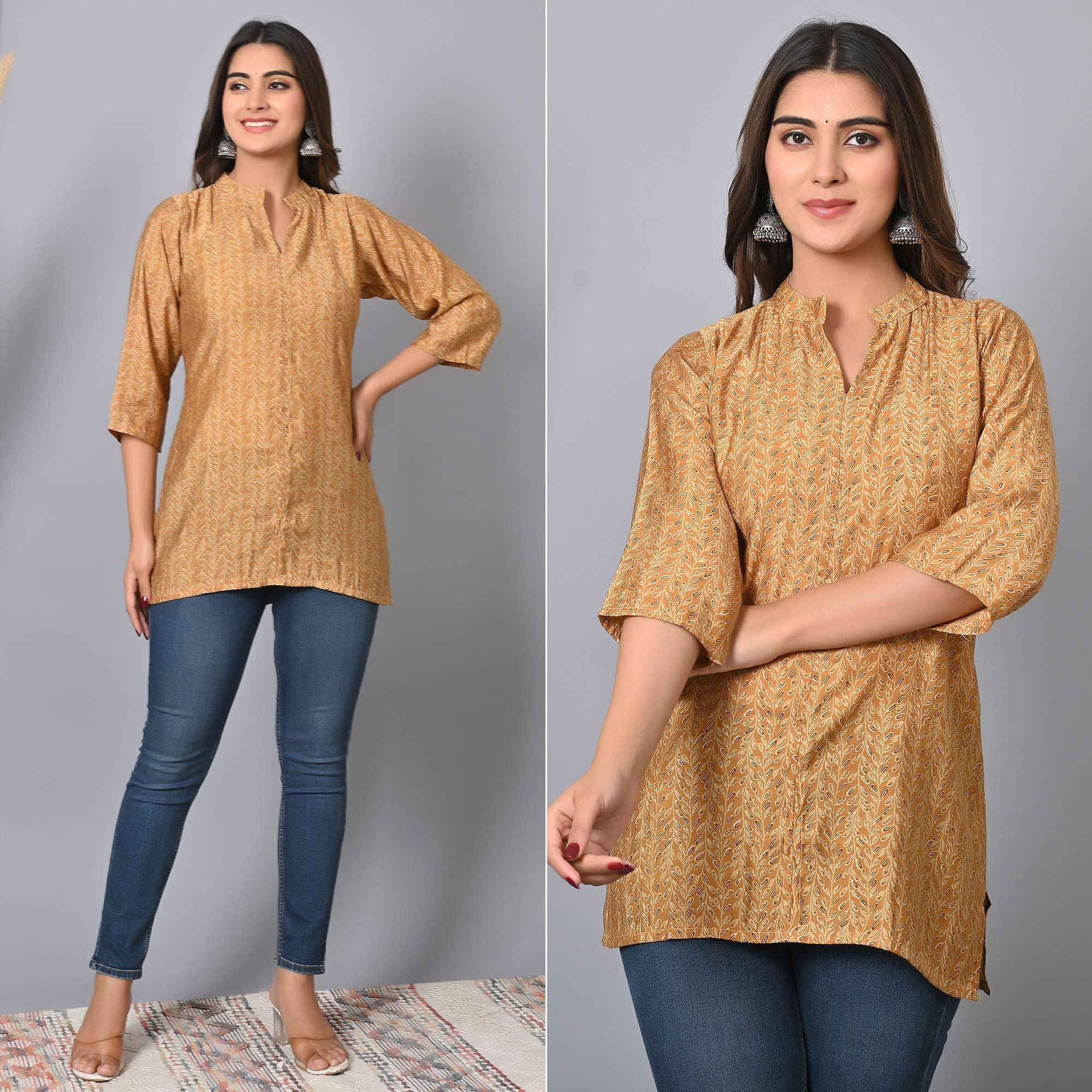 Chikoo Colored Floral Printed Chanderi Top - Peachmode