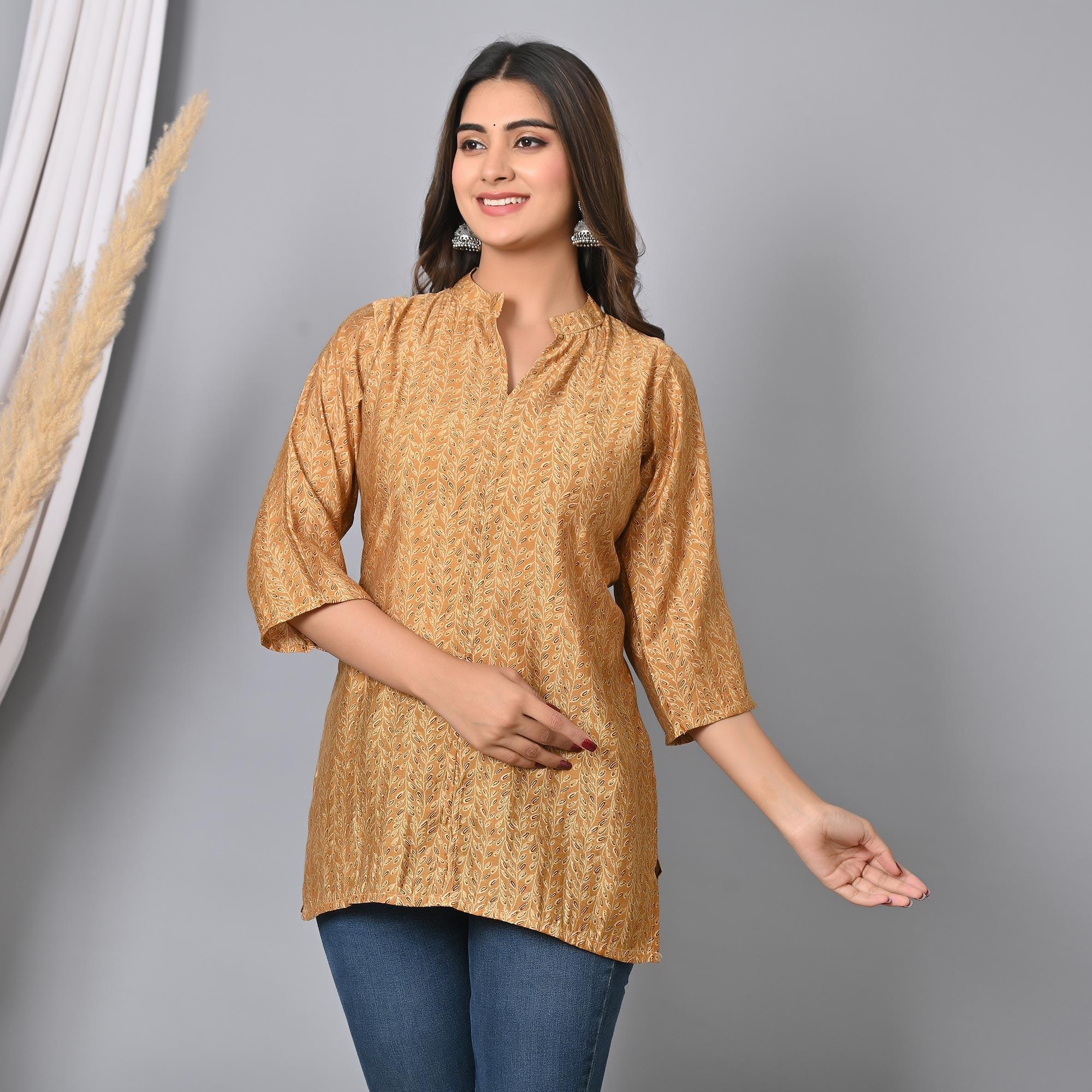 Chikoo Colored Floral Printed Chanderi Top - Peachmode