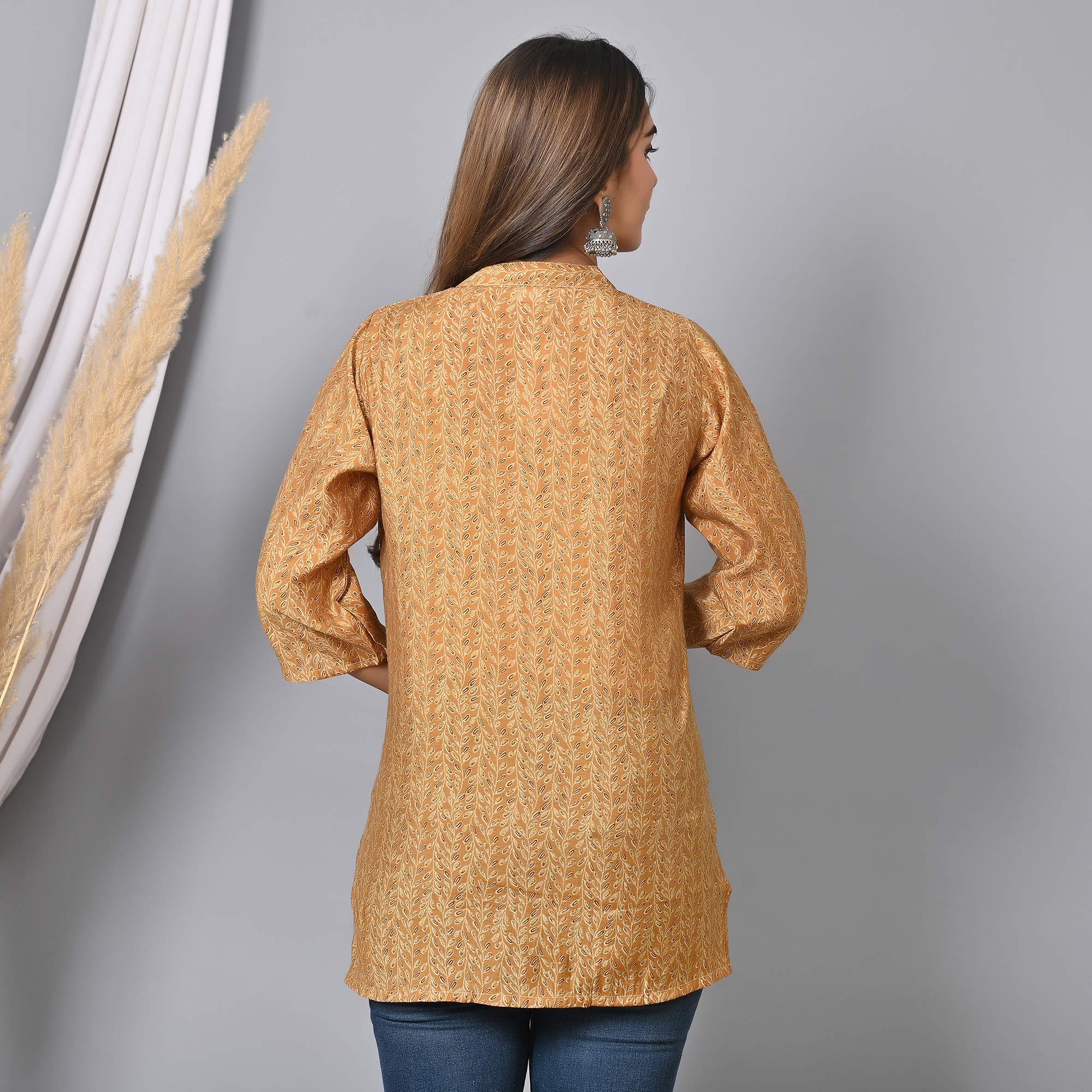 Chikoo Colored Floral Printed Chanderi Top - Peachmode
