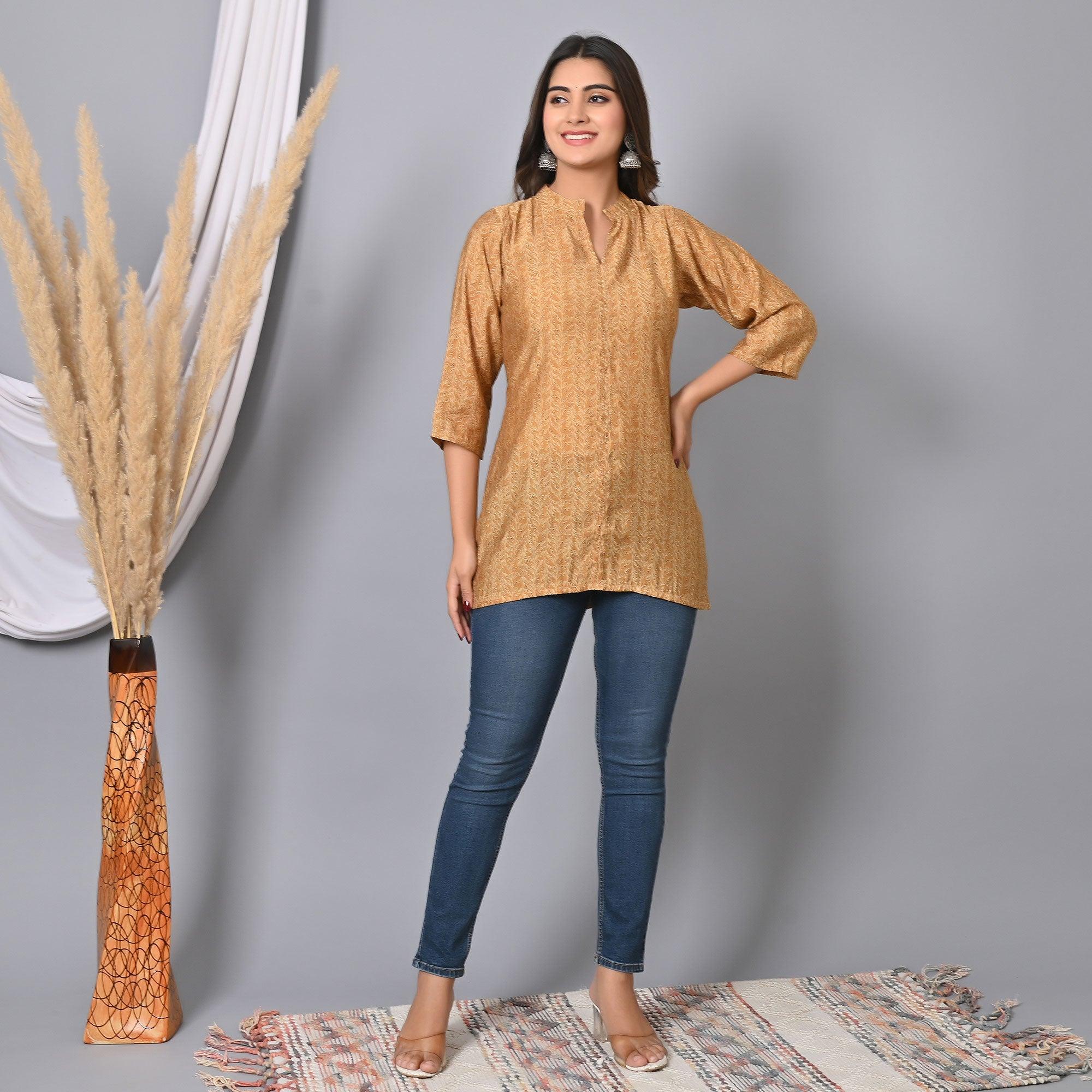 Chikoo Colored Floral Printed Chanderi Top - Peachmode