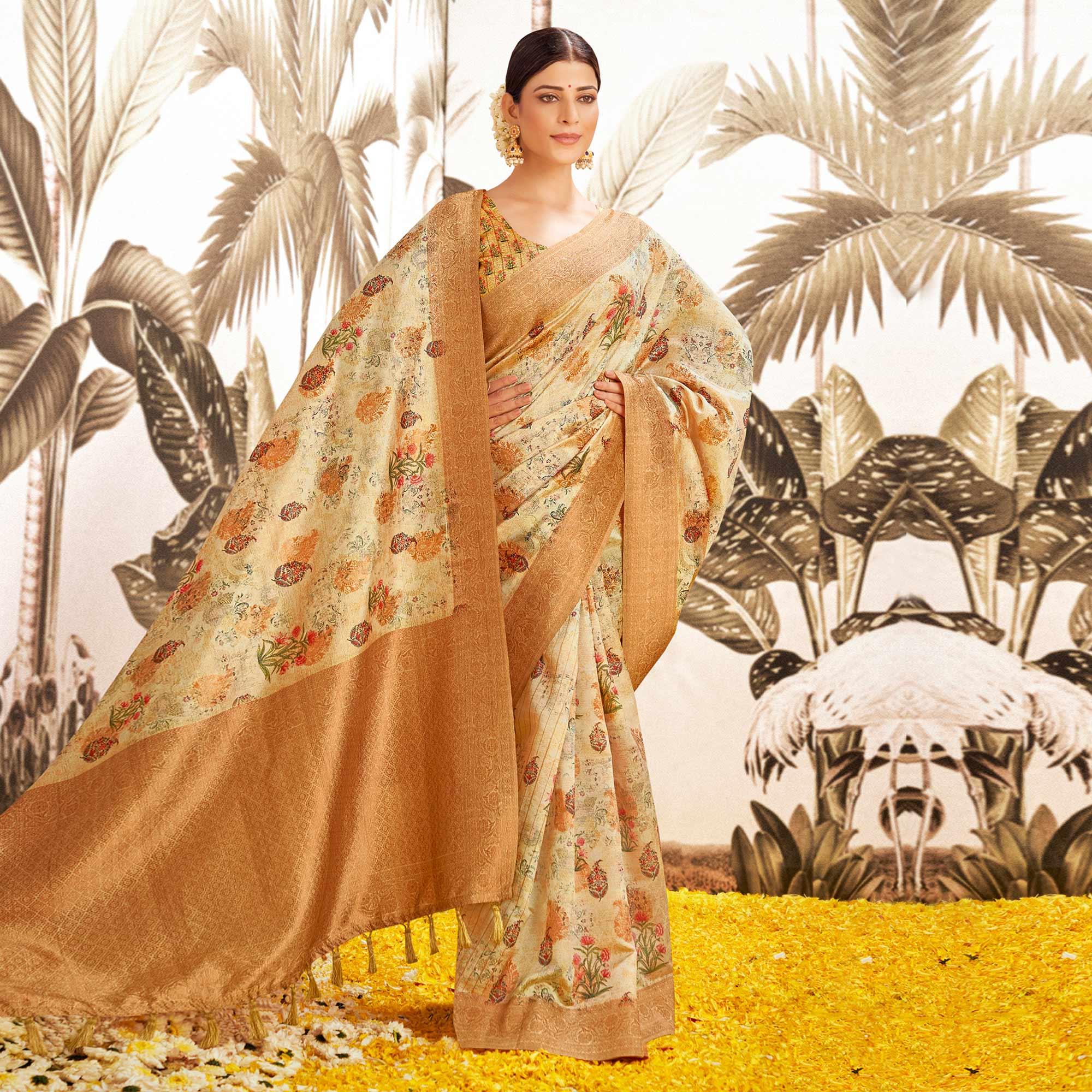 Chikoo Digital Printed Art Silk Saree With Tassels - Peachmode