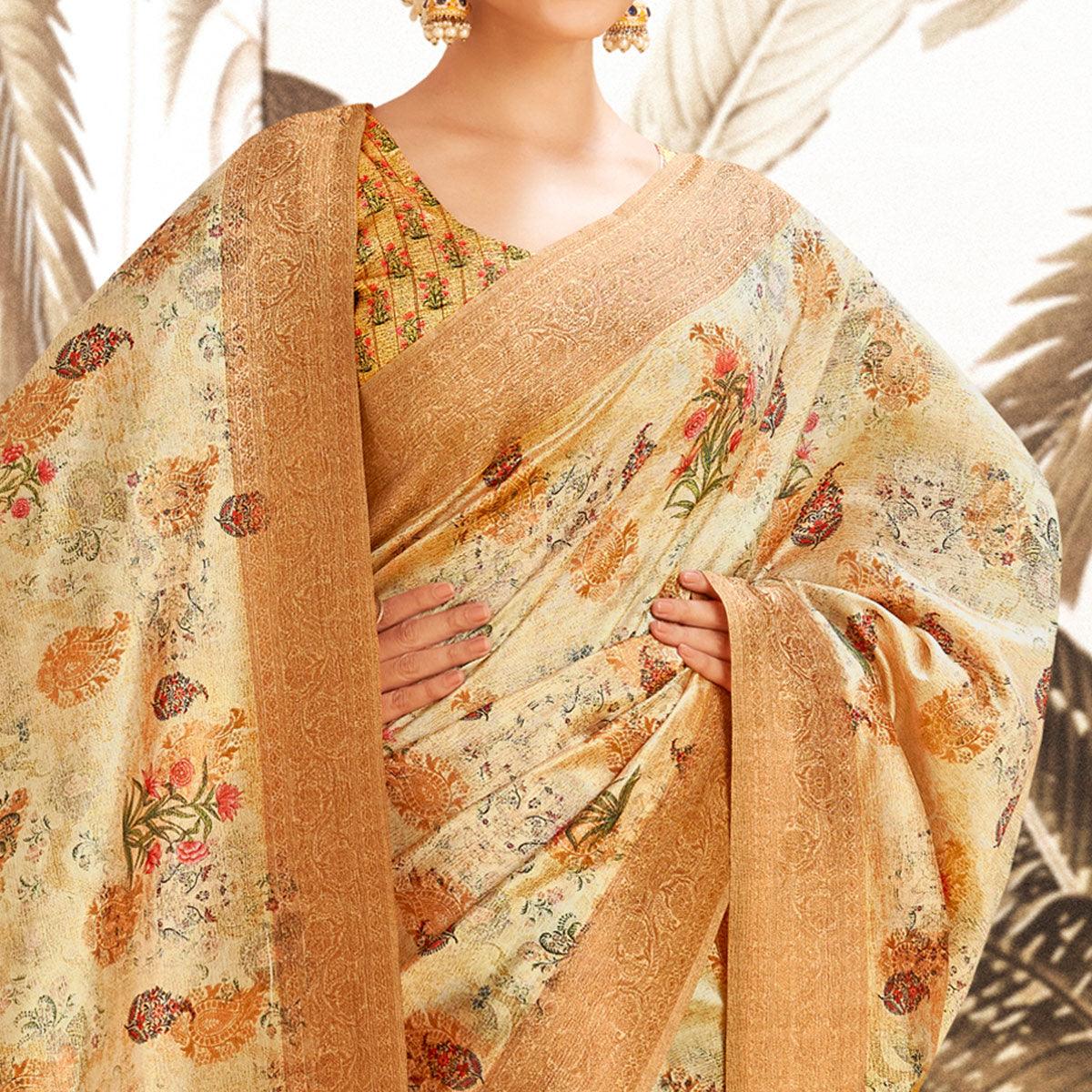 Chikoo Digital Printed Art Silk Saree With Tassels - Peachmode