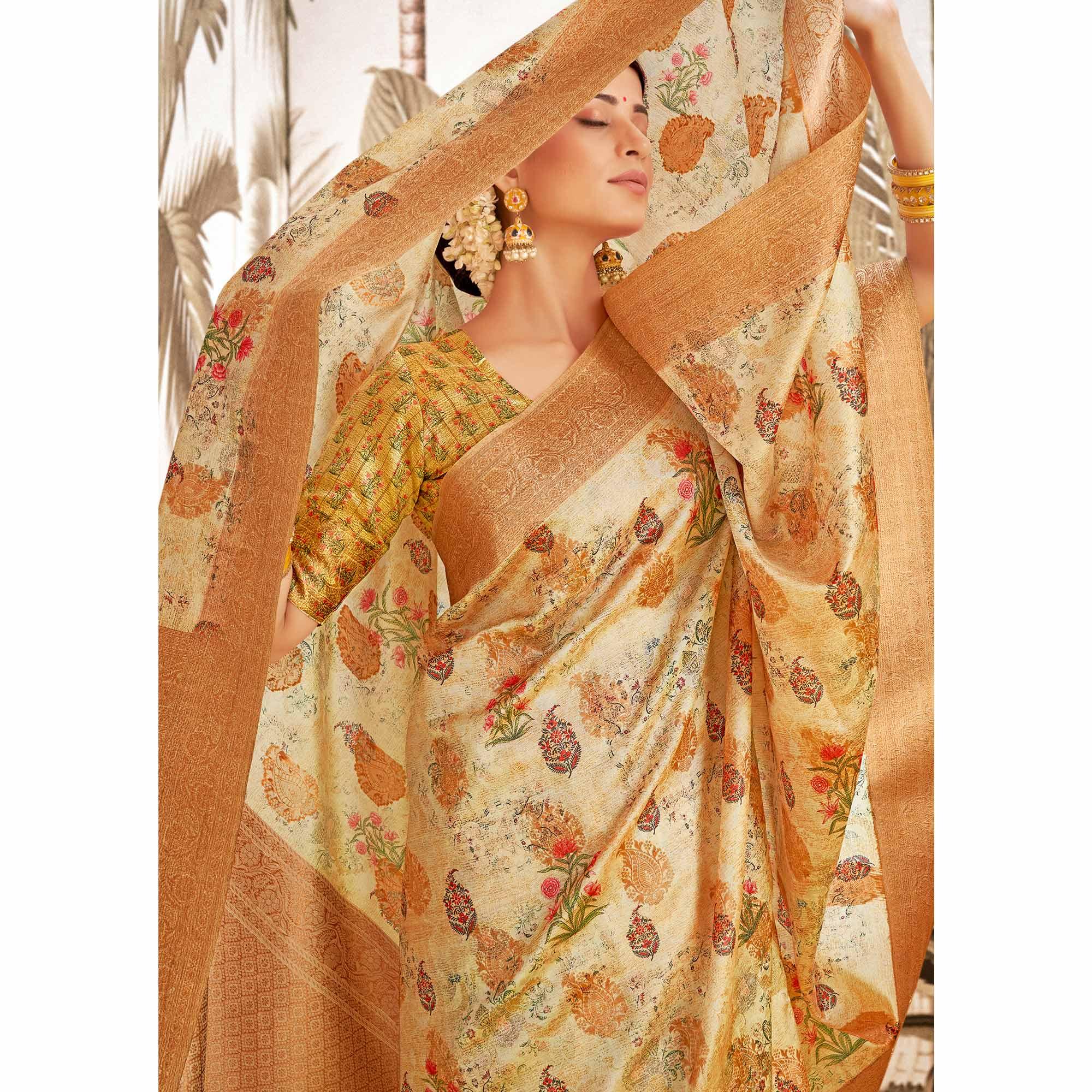Chikoo Digital Printed Art Silk Saree With Tassels - Peachmode