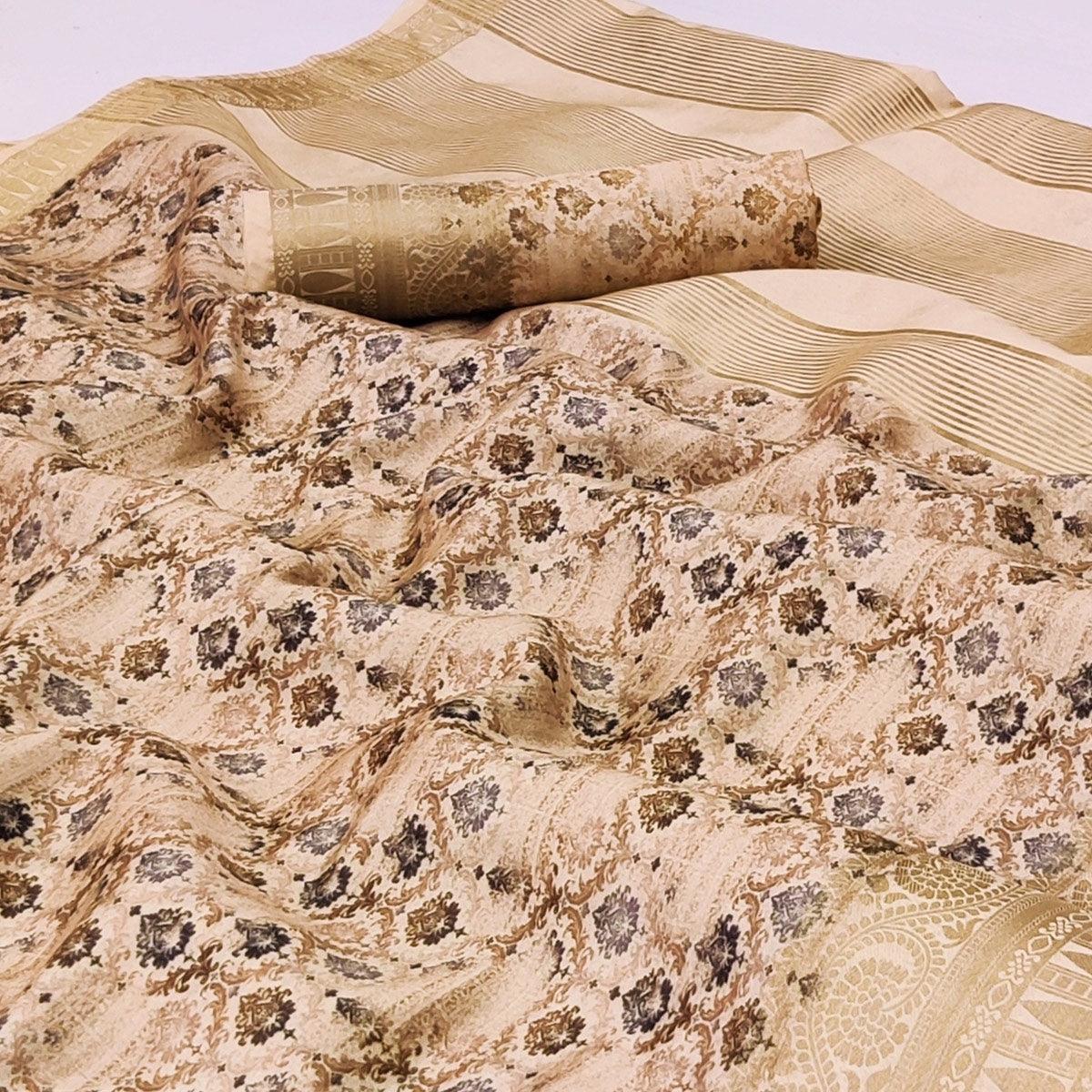 Chikoo Digital Printed Dola Silk Saree - Peachmode