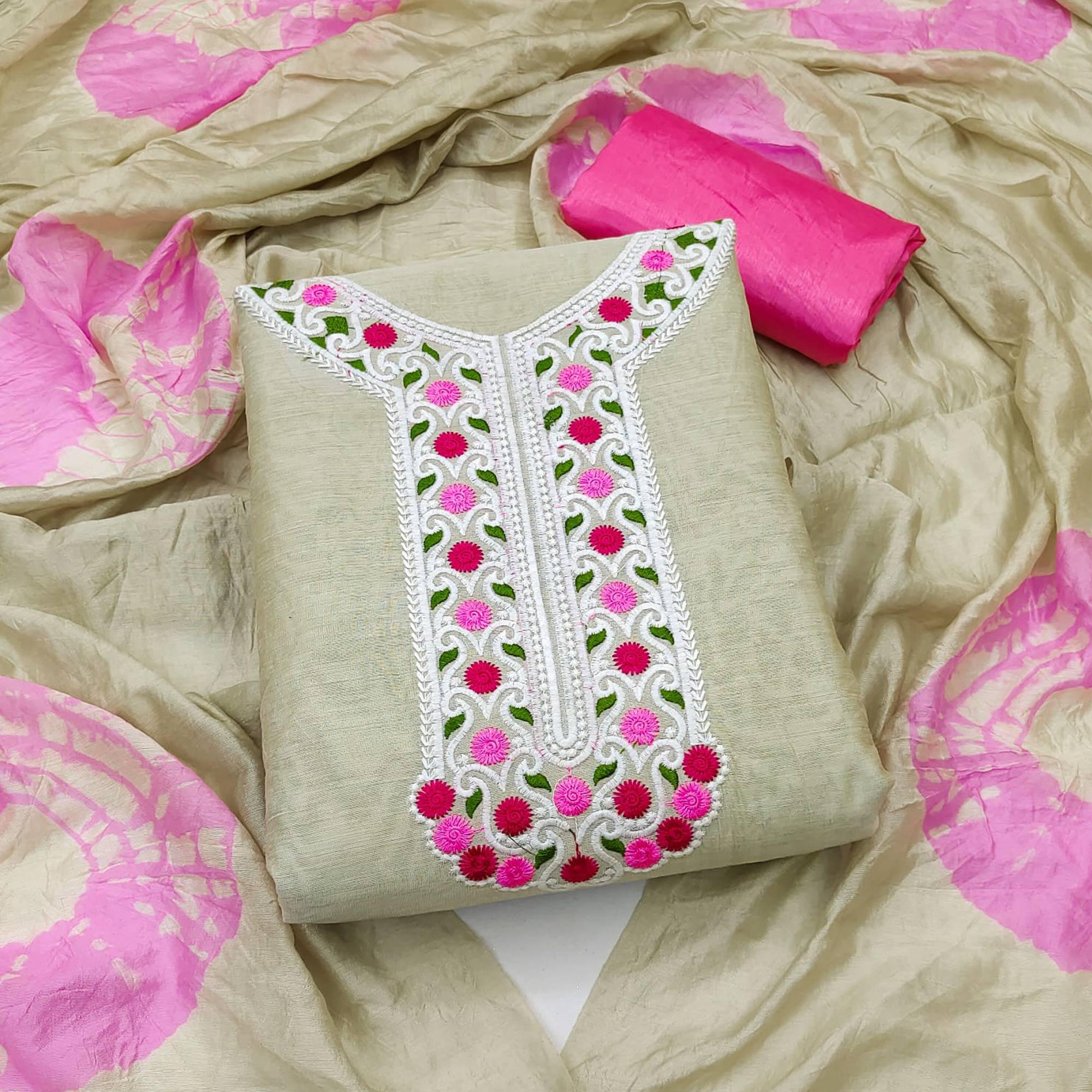 Chikoo Embroidered Chanderi Dress Material - Peachmode