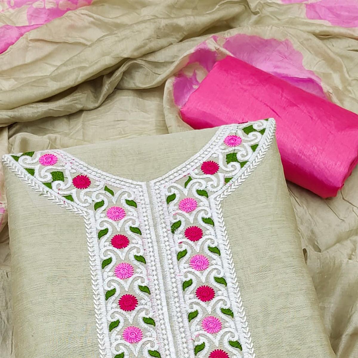 Chikoo Embroidered Chanderi Dress Material - Peachmode