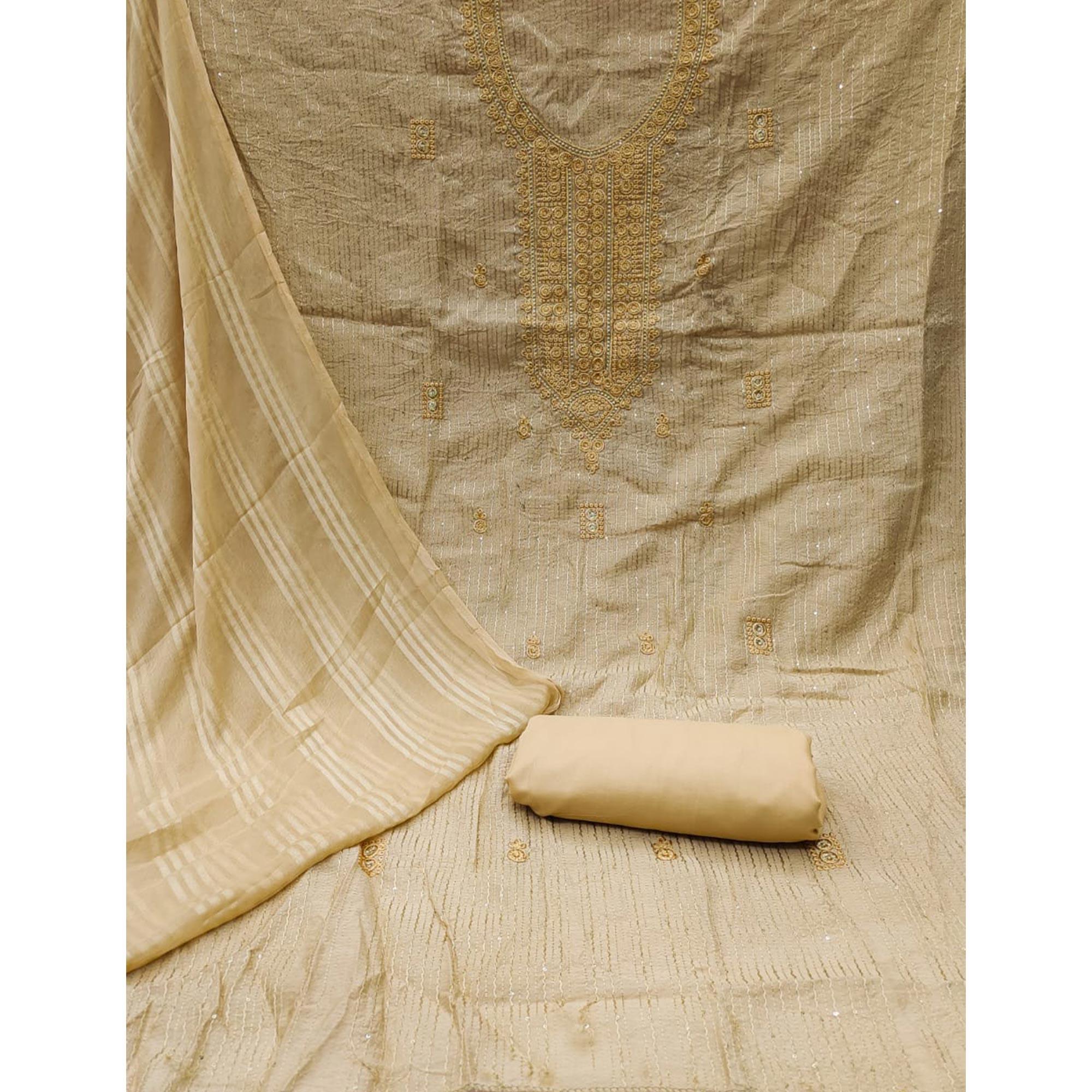 Chikoo Embroidered Poly Cotton Dress Material - Peachmode