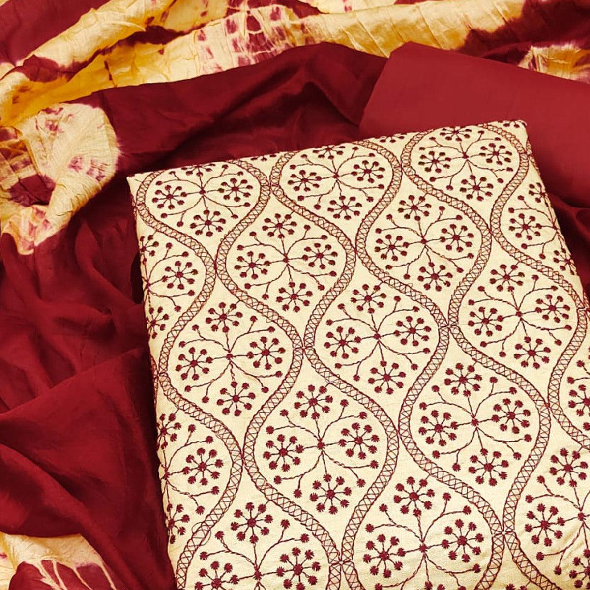 Chikoo Embroidered Pure Silk Dress Material - Peachmode