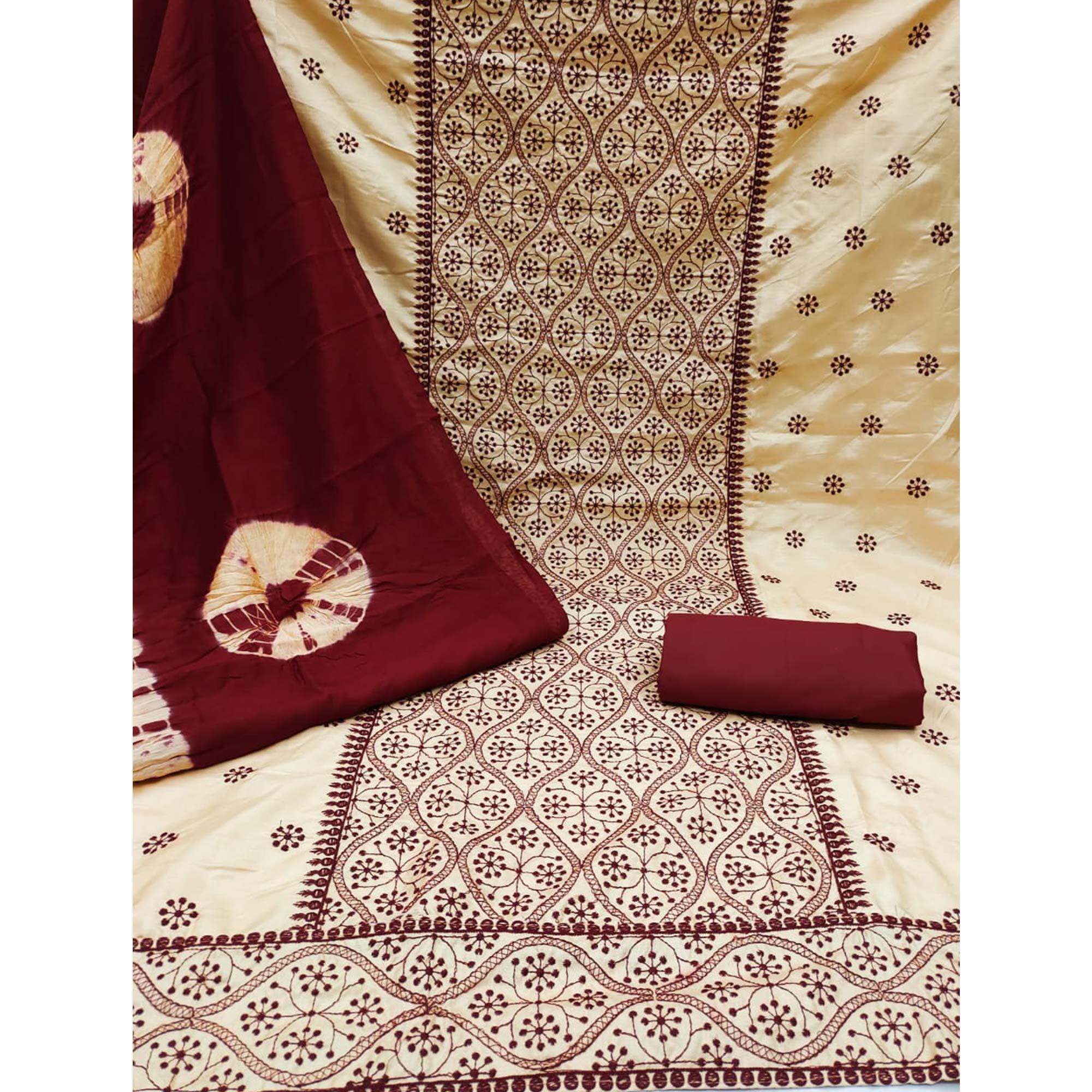 Chikoo Embroidered Pure Silk Dress Material - Peachmode