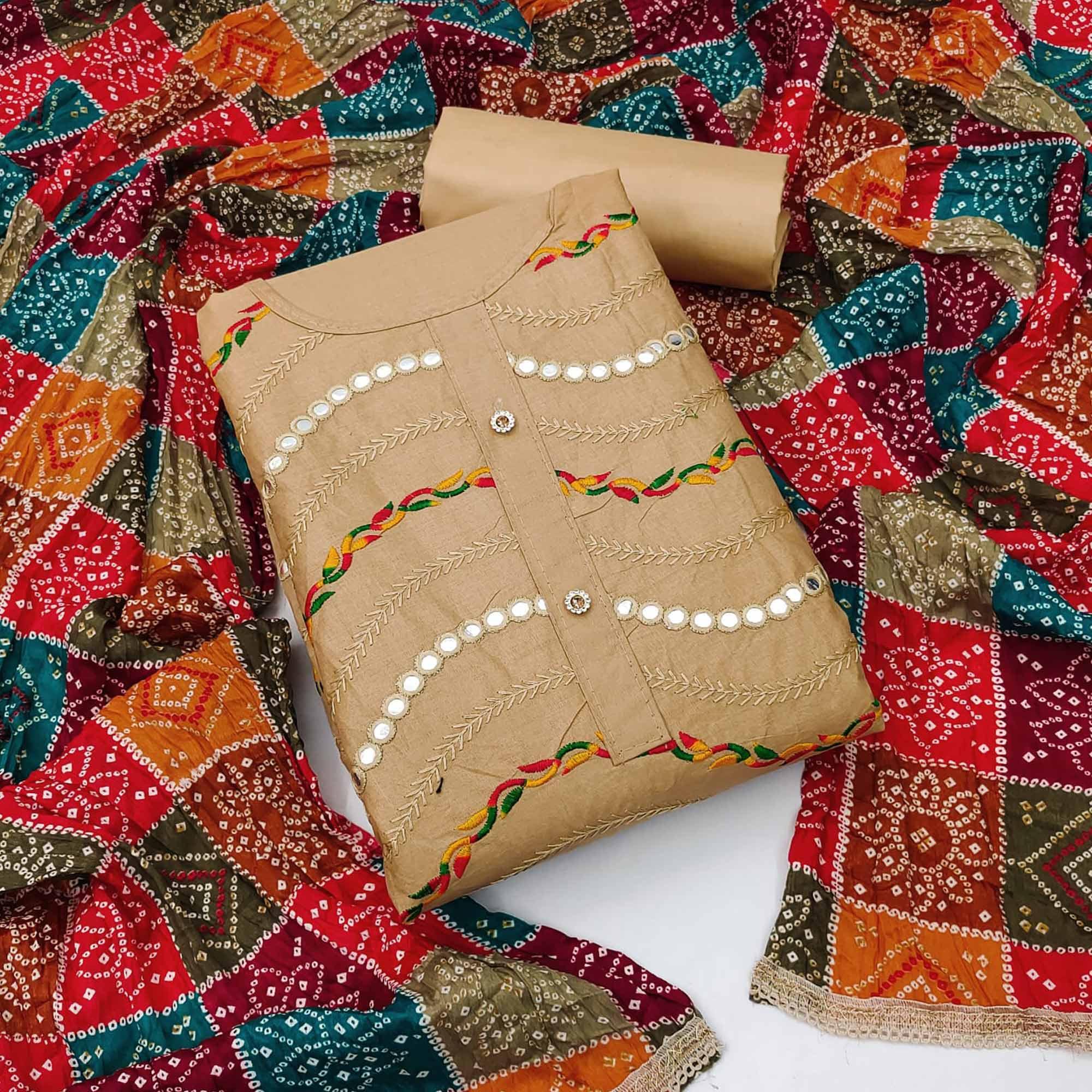 Chikoo Festive Wear Embroidered & Embellished Cotton Dress Material - Peachmode