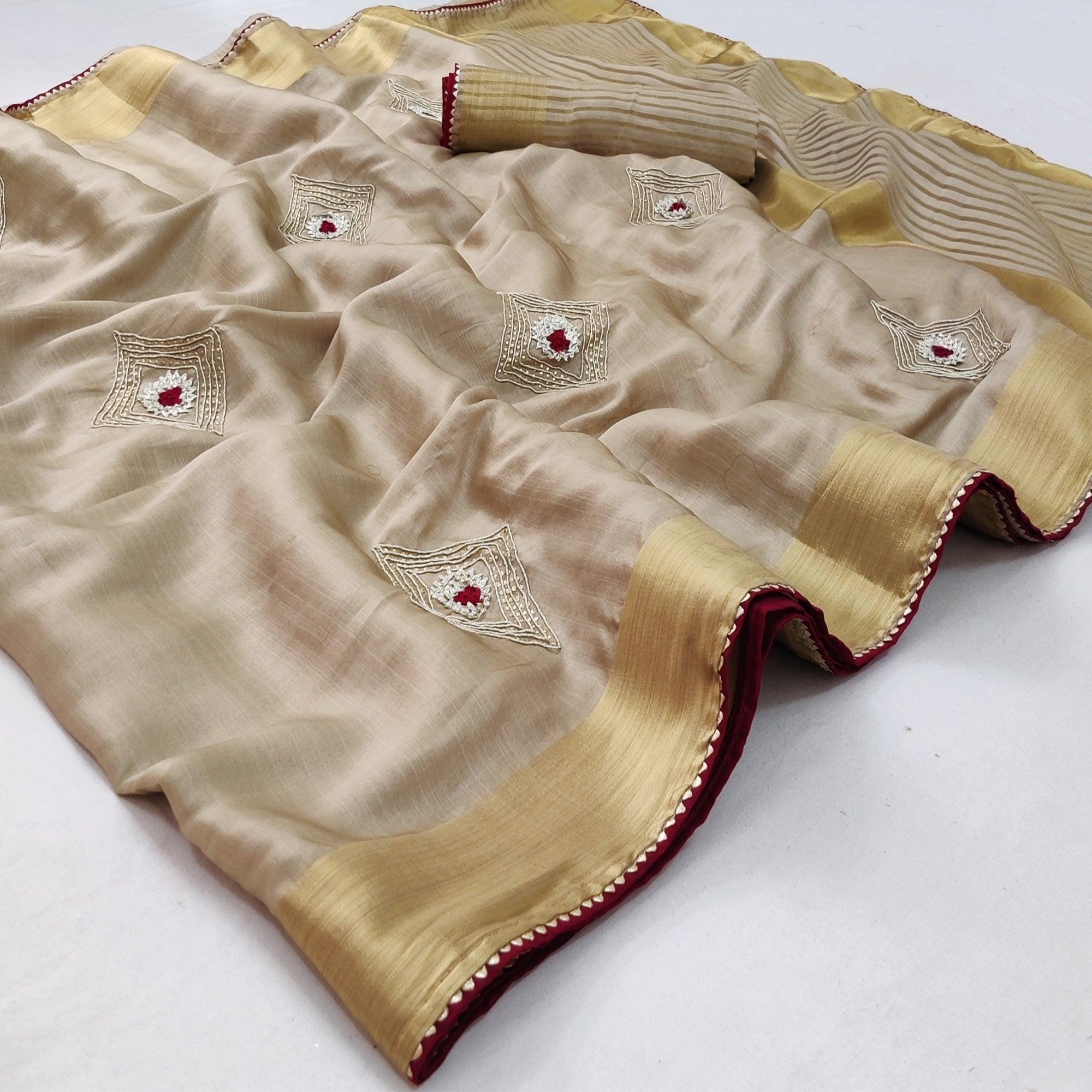 Chikoo Festive Wear Embroidered With Woven Soft Silk Saree - Peachmode