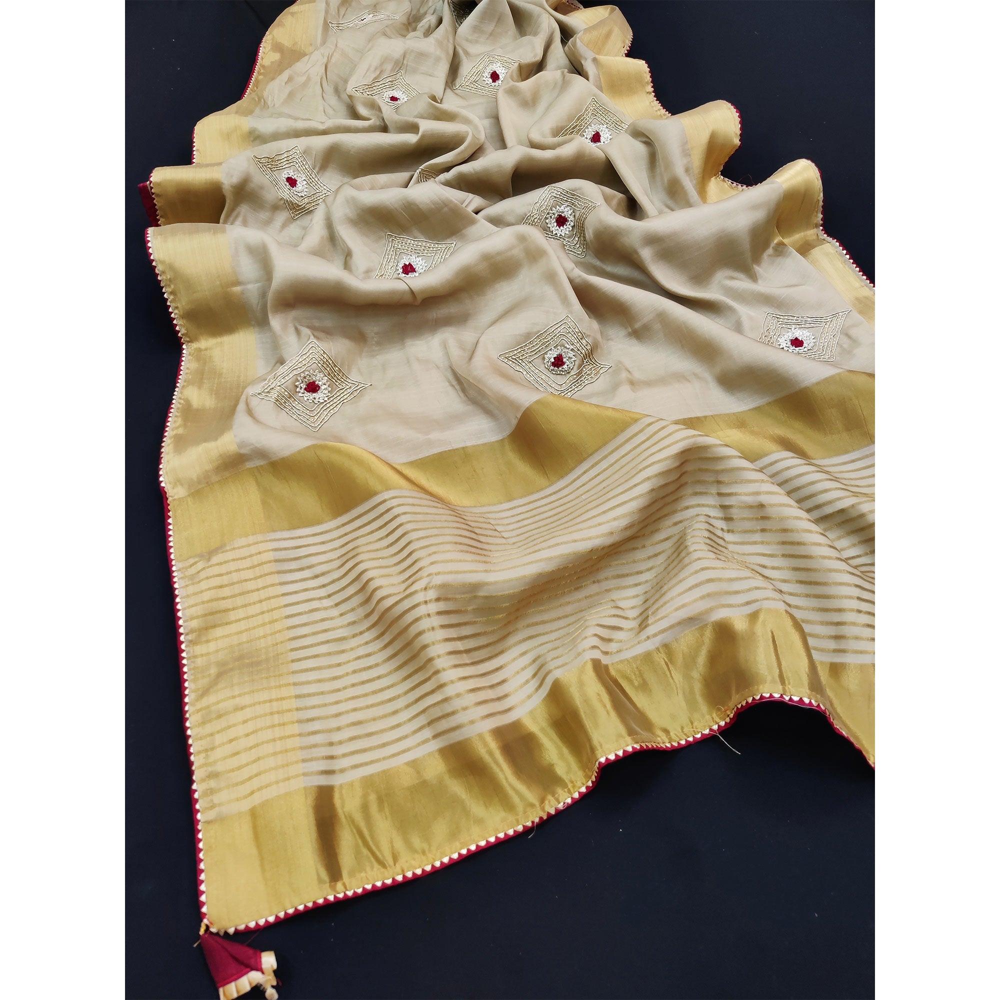 Chikoo Festive Wear Embroidered With Woven Soft Silk Saree - Peachmode