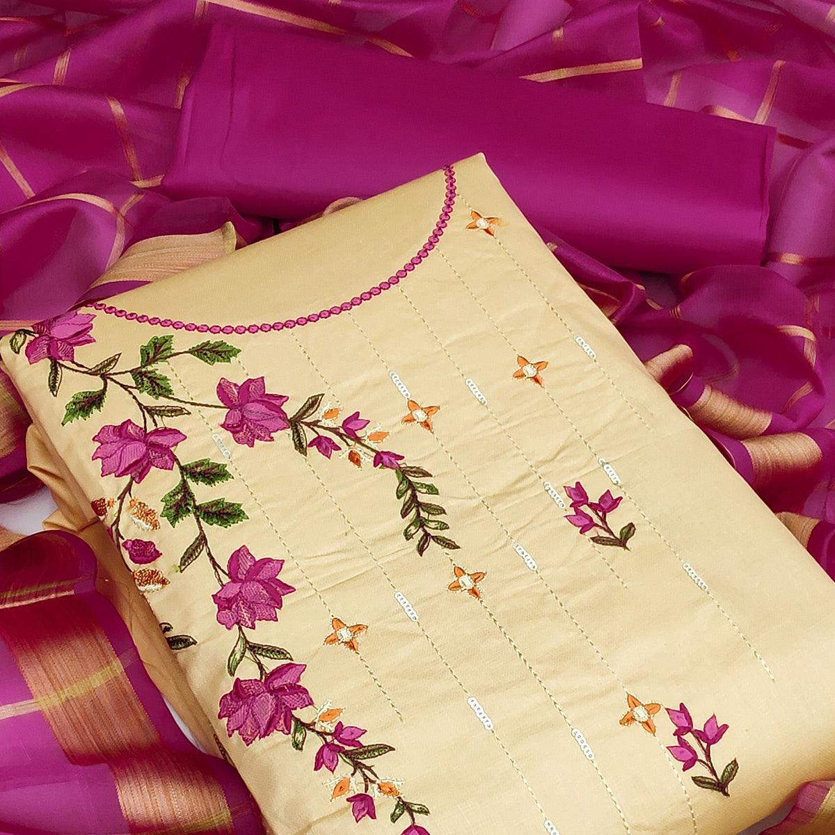 Chikoo Festive Wear Floral Embroidery With Sequence Cotton Dress Material - Peachmode