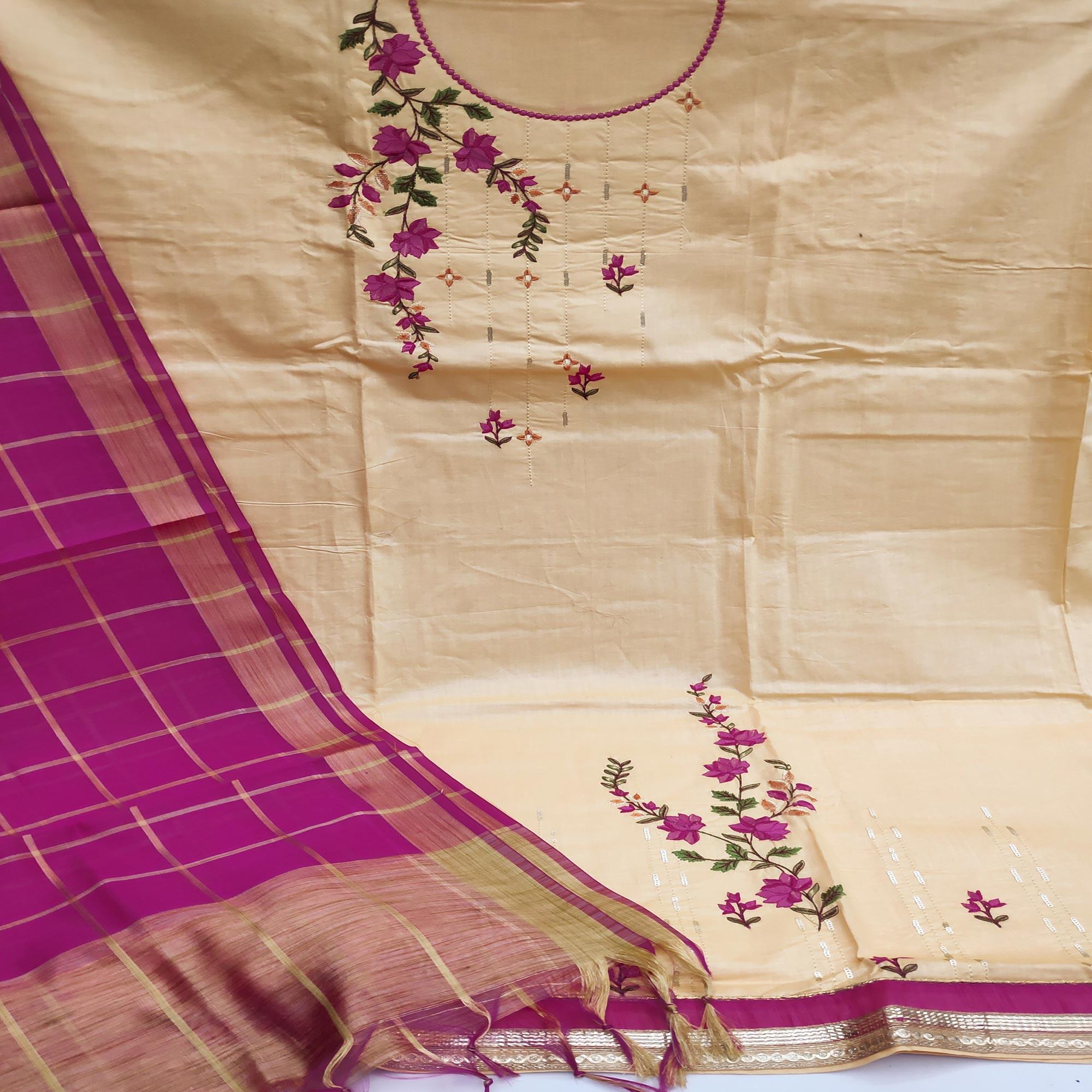 Chikoo Festive Wear Floral Embroidery With Sequence Cotton Dress Material - Peachmode