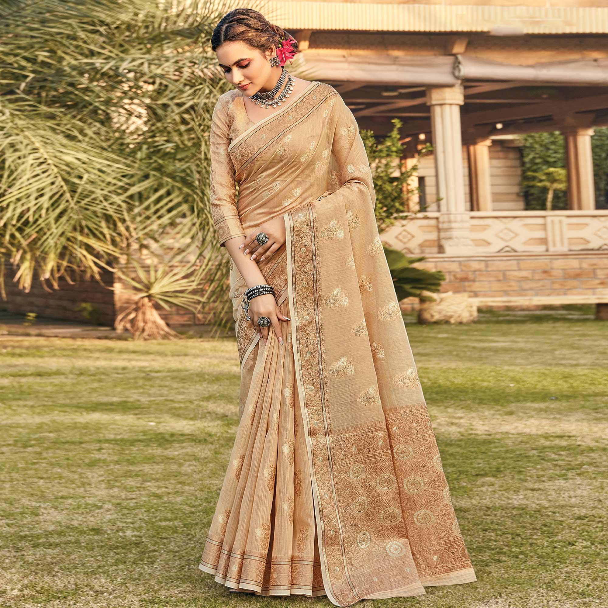 Chikoo Festive Wear Floral Woven Linen Saree - Peachmode