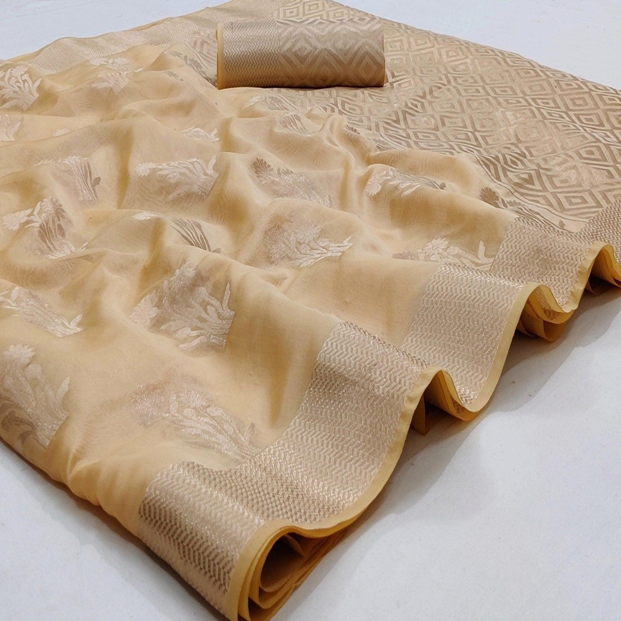 Chikoo Festive Wear Floral Woven Silk Saree - Peachmode