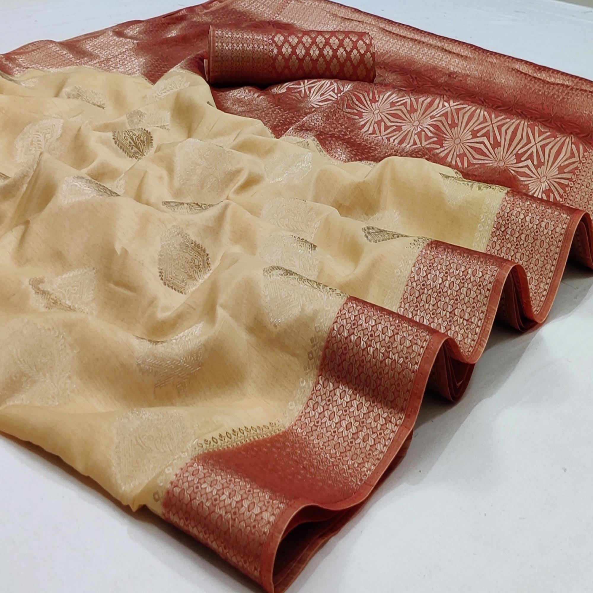 Chikoo Festive Wear Woven Art Silk Double Dying Sarees With Zari Border - Peachmode