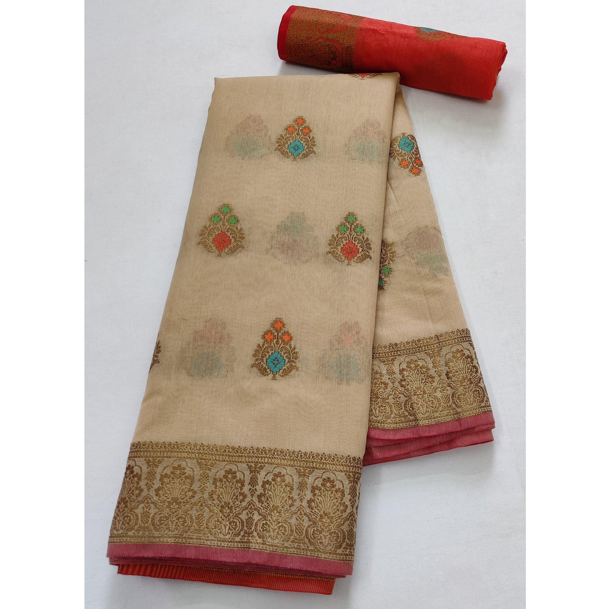 Chikoo Festive Wear Woven Border With Butta Work Cotton Saree - Peachmode