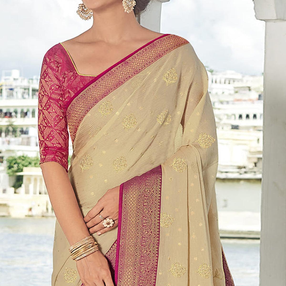 Chikoo Festive Wear Woven Brasso Saree - Peachmode