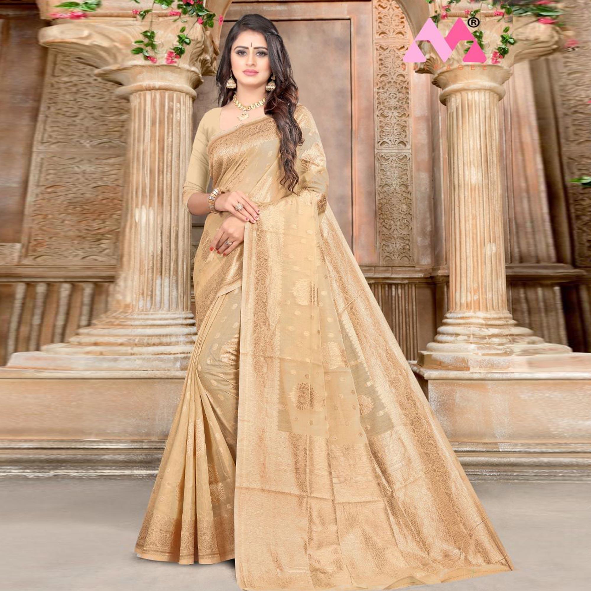 Chikoo Festive Wear Woven Chanderi Silk Saree - Peachmode