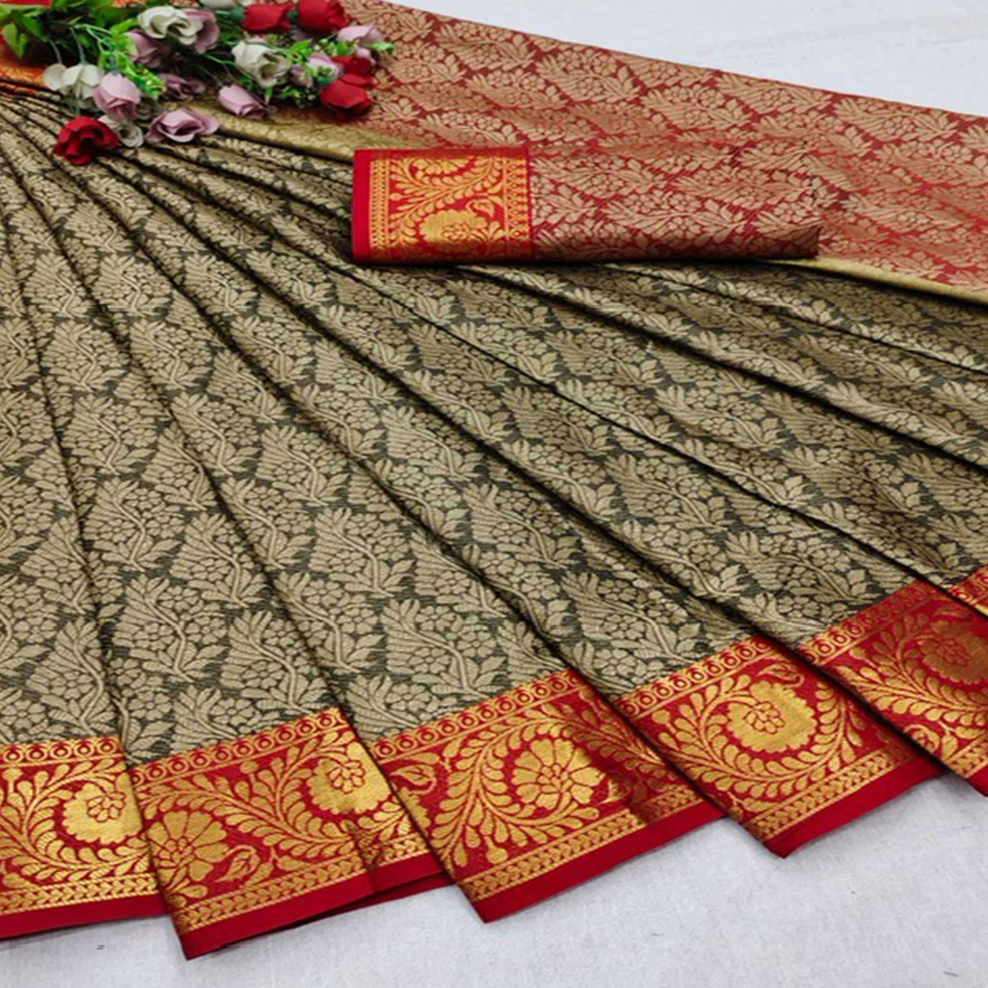 Chikoo Festive Wear Woven Cotton Silk Saree - Peachmode
