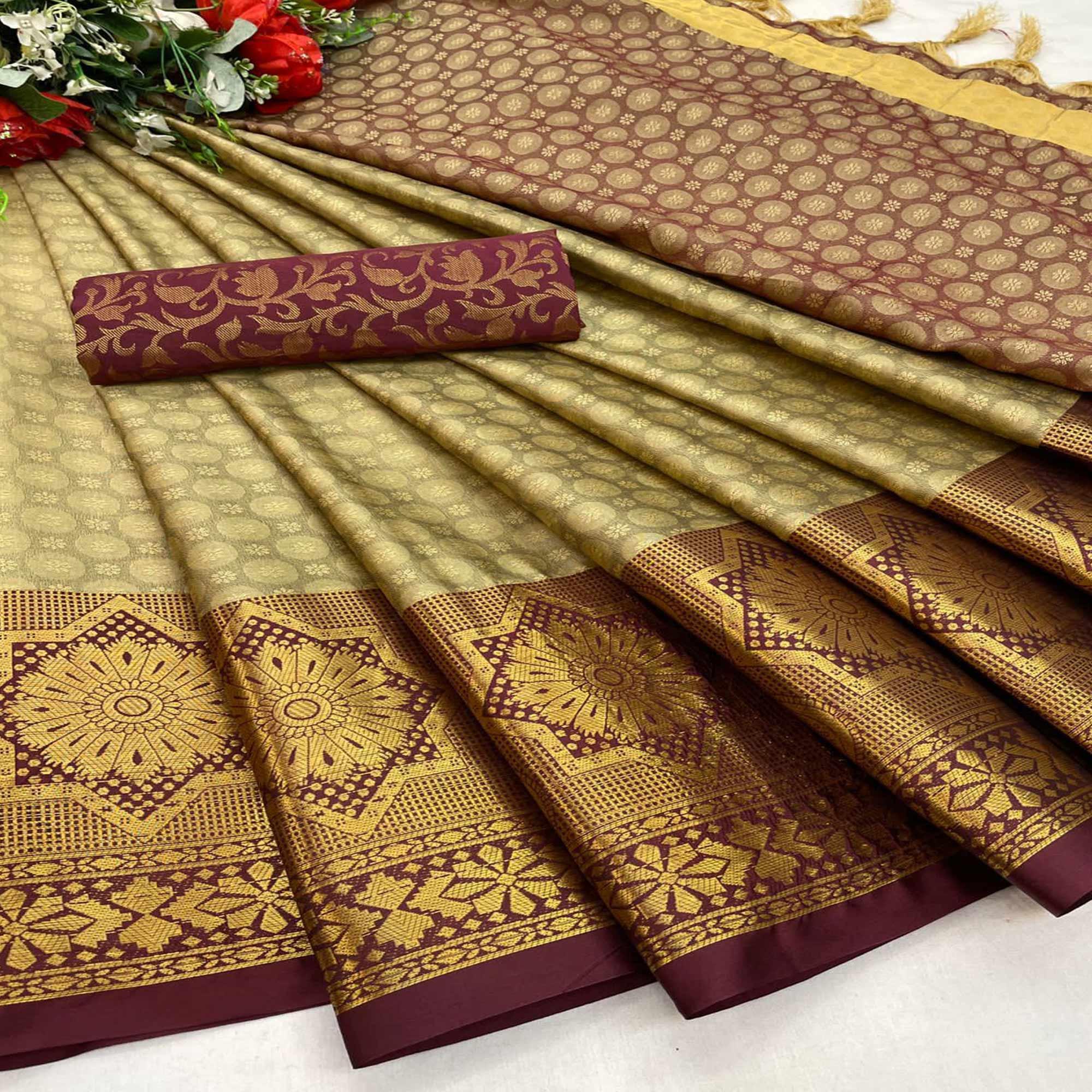 Chikoo Festive Wear Woven Cotton Silk Saree - Peachmode