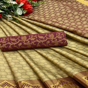 Chikoo Festive Wear Woven Cotton Silk Saree - Peachmode