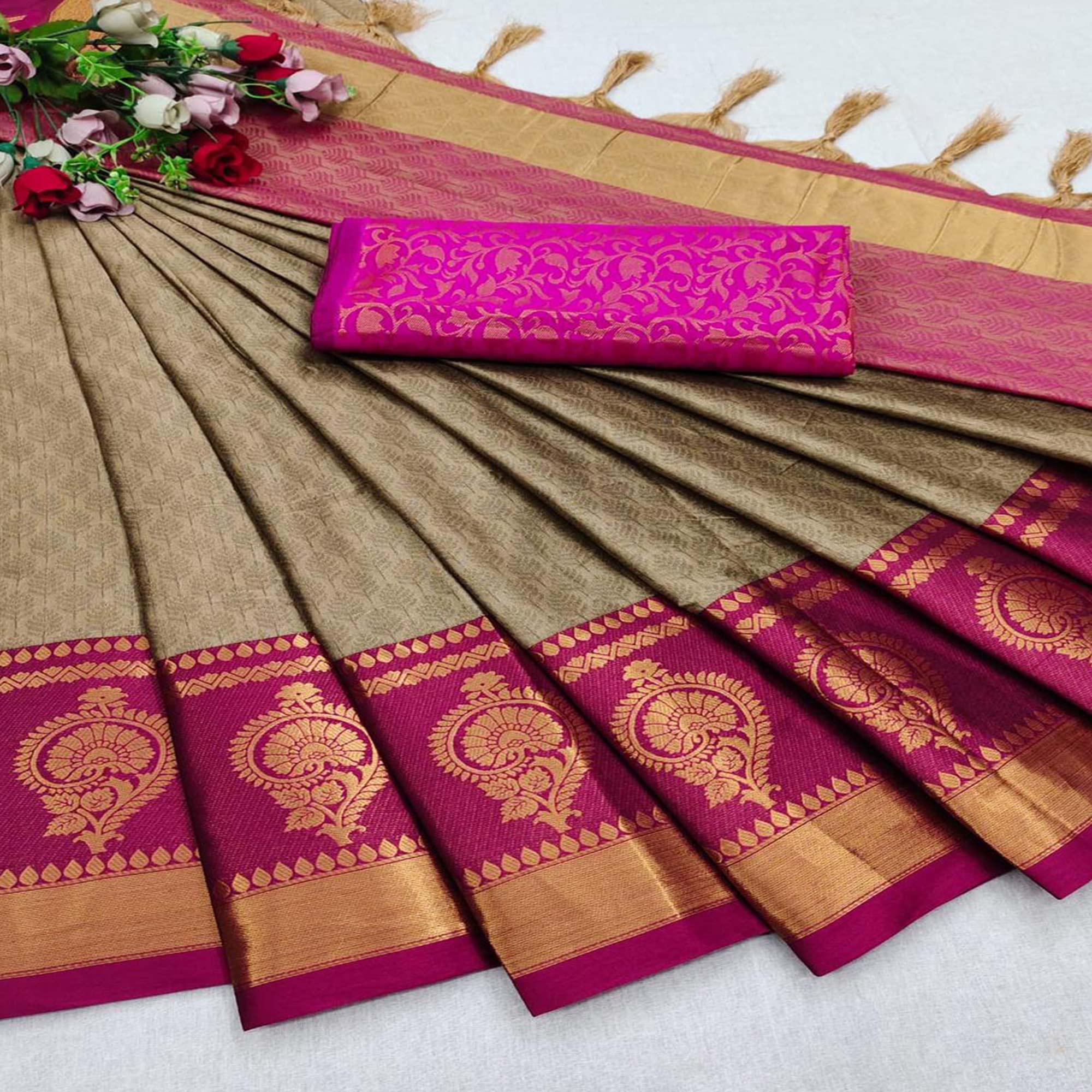 Chikoo Festive Wear Woven Heavy Rich Cotton Silk Saree - Peachmode