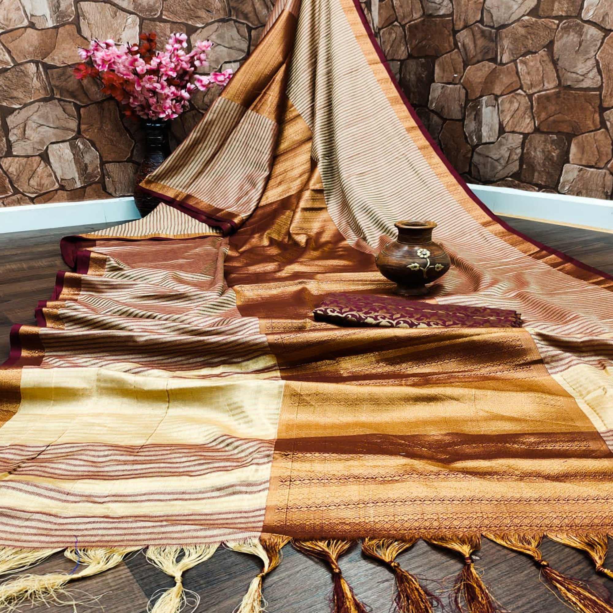Chikoo Festive Wear Woven Heavy Rich Cotton Silk Saree - Peachmode