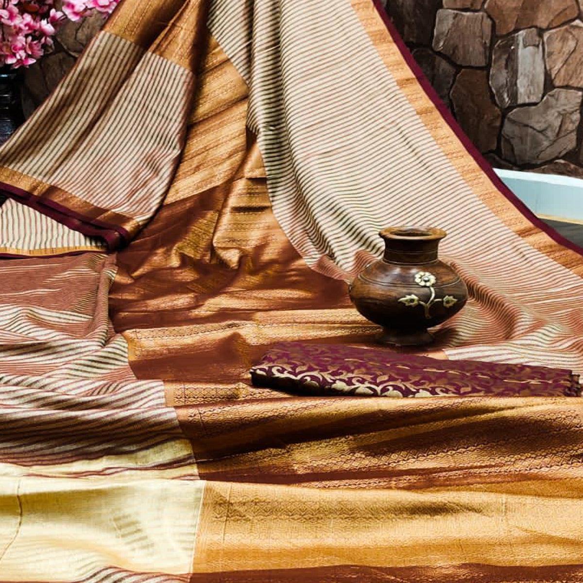 Chikoo Festive Wear Woven Heavy Rich Cotton Silk Saree - Peachmode