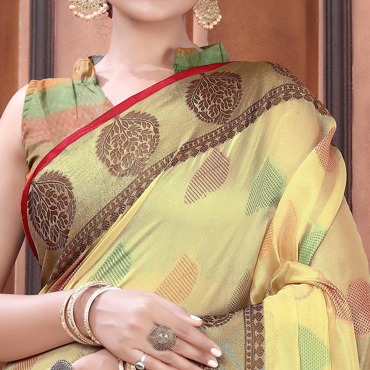 Chikoo Festive Wear Woven Organza Saree - Peachmode