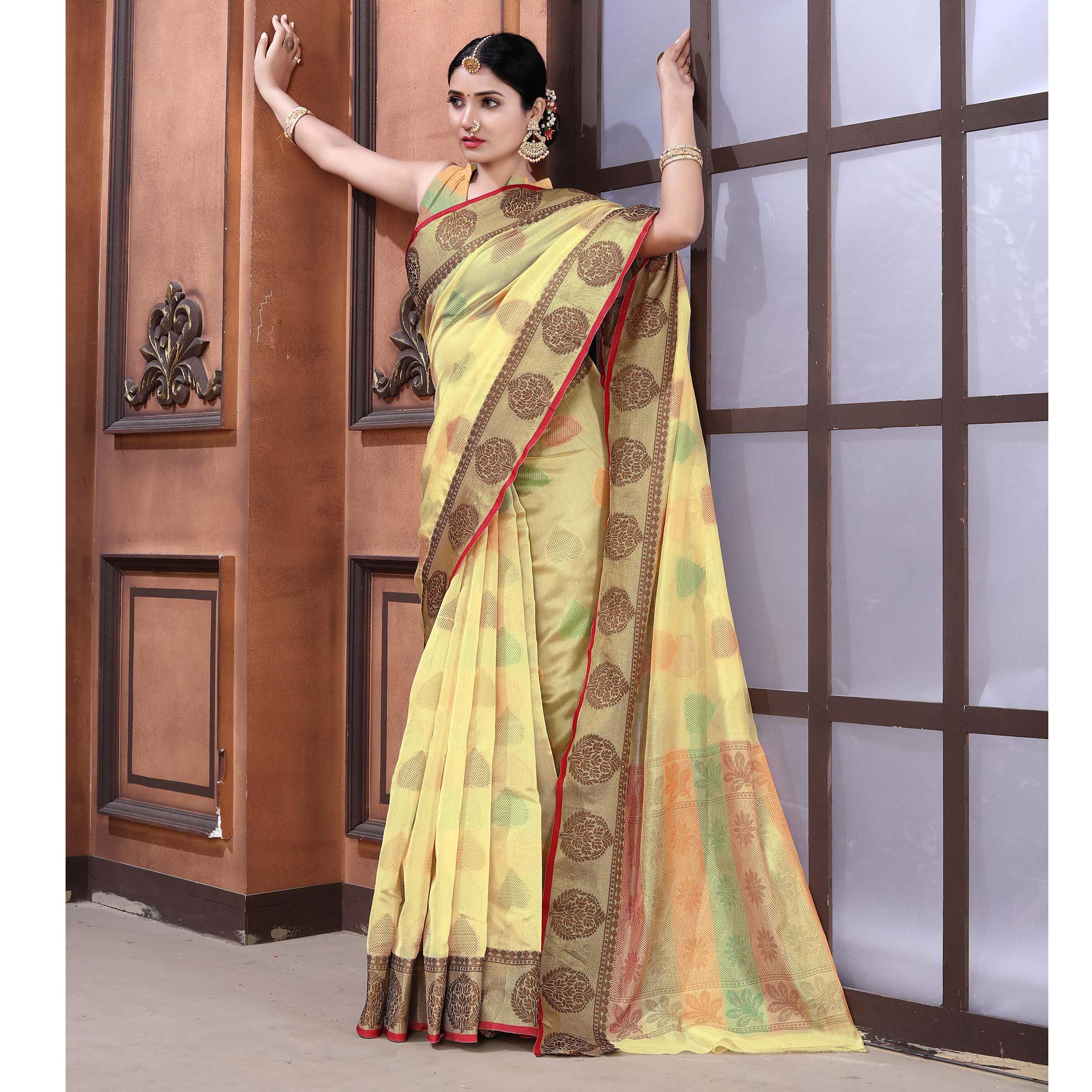 Chikoo Festive Wear Woven Organza Saree - Peachmode