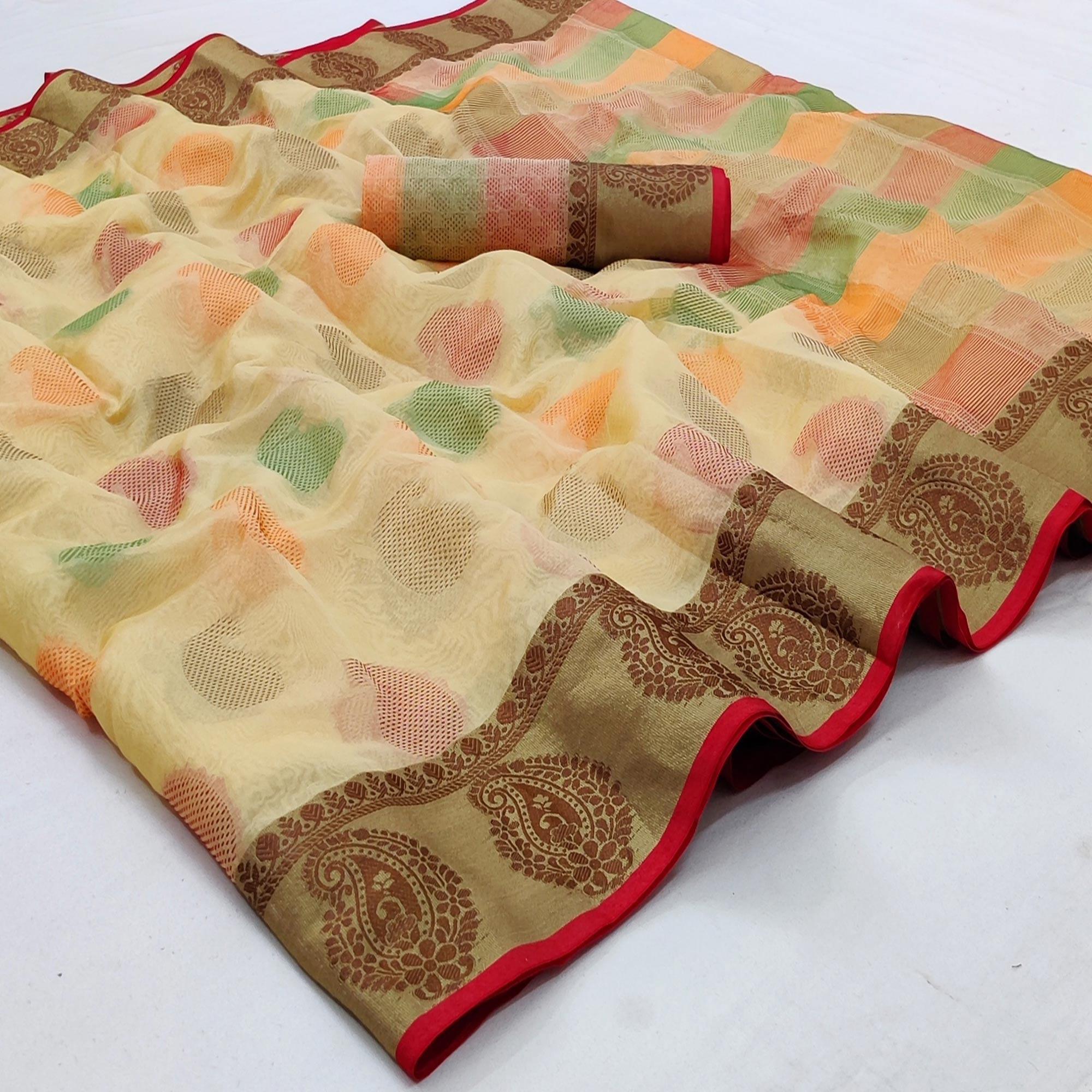 Chikoo Festive Wear Woven Rich Pallu Organza Saree - Peachmode