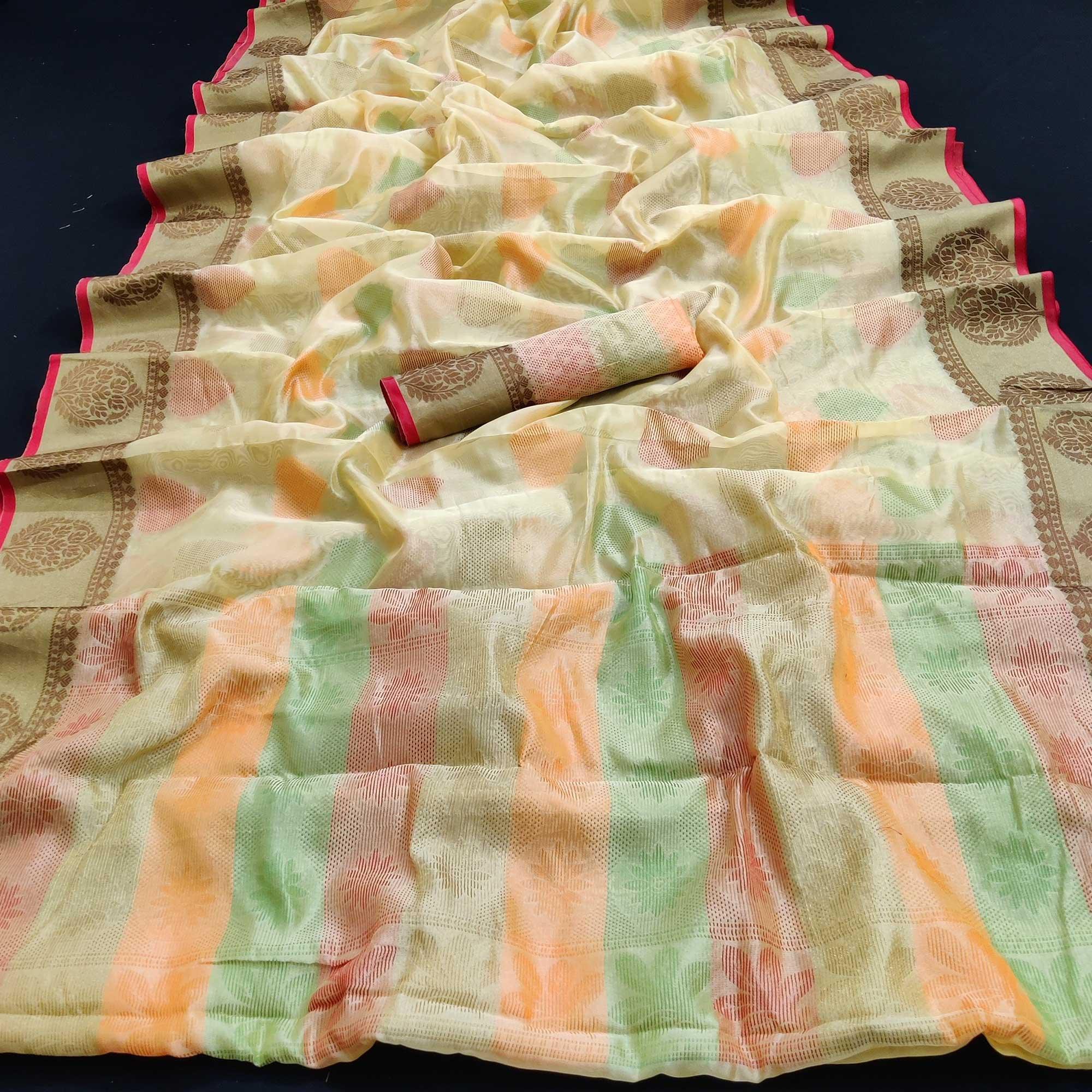 Chikoo Festive Wear Woven Silk Saree - Peachmode