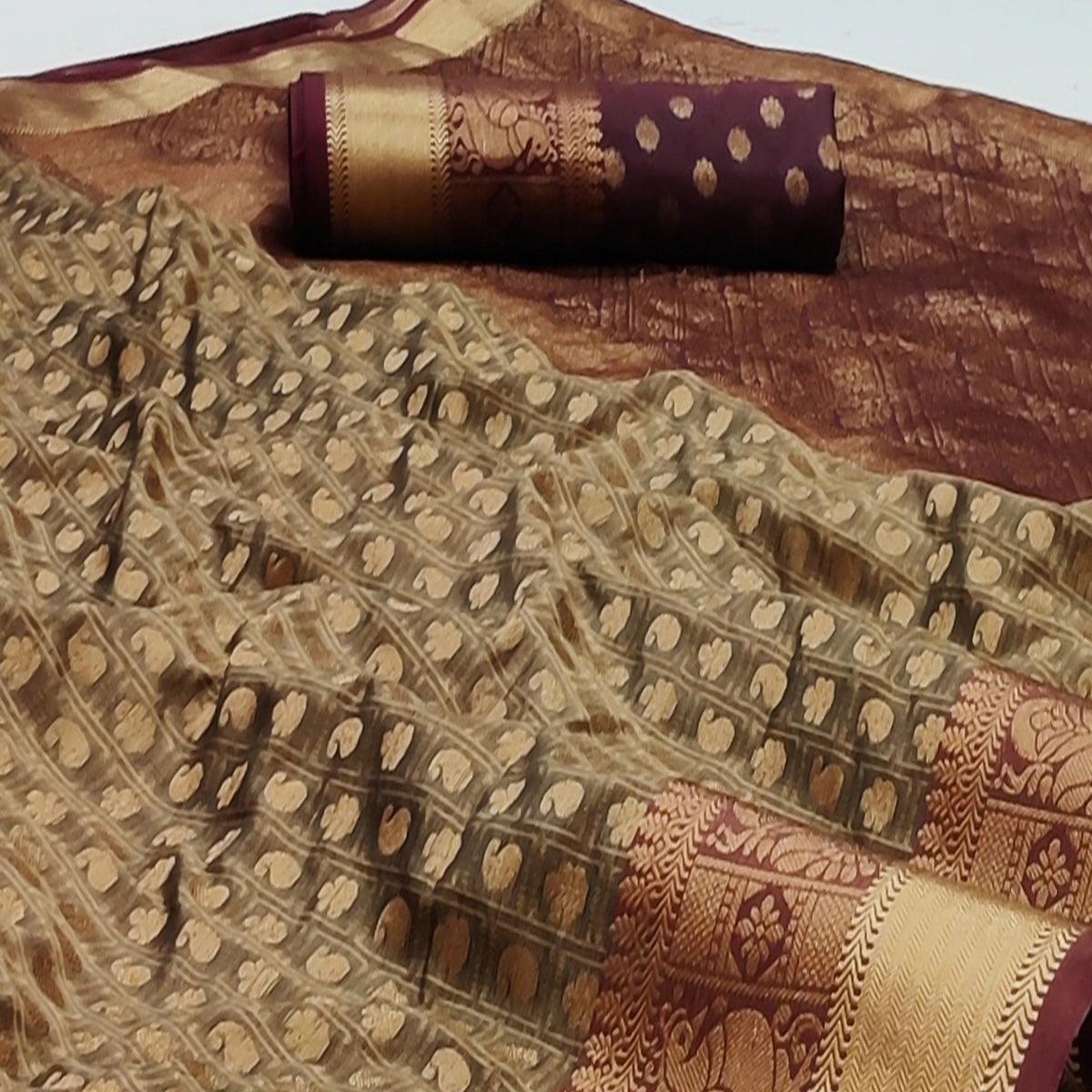 Chikoo Festive Wear Woven Silk Saree With Jacquard Border - Peachmode