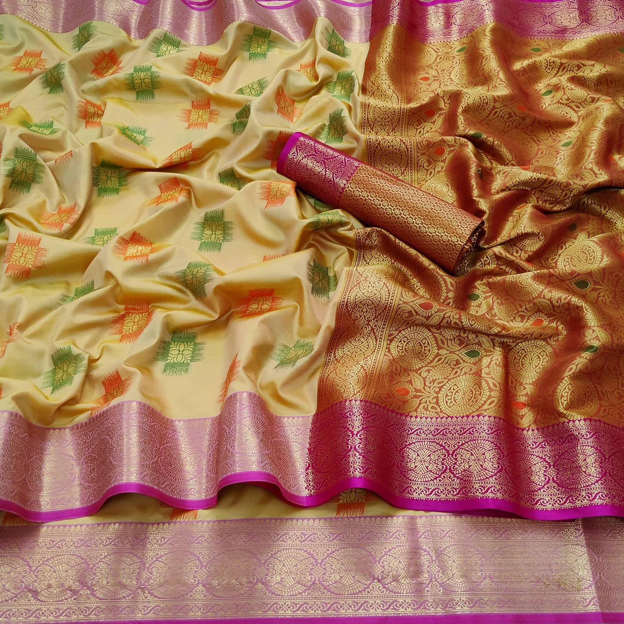 Chikoo Festive Wear Woven Soft Banarasi Silk Saree - Peachmode