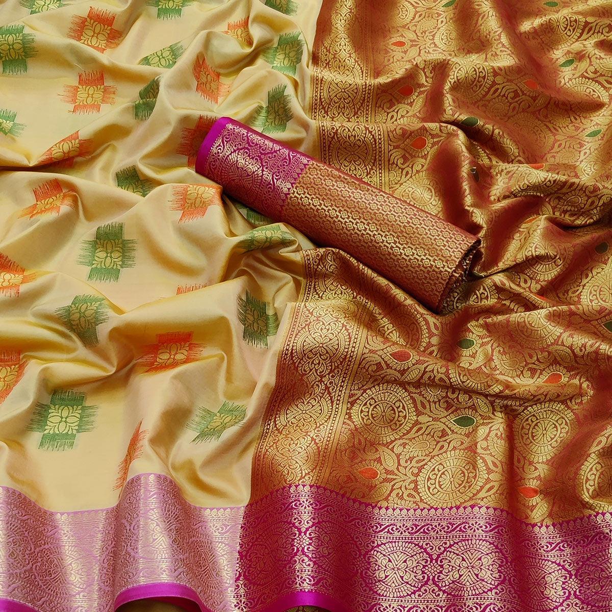Chikoo Festive Wear Woven Soft Banarasi Silk Saree - Peachmode