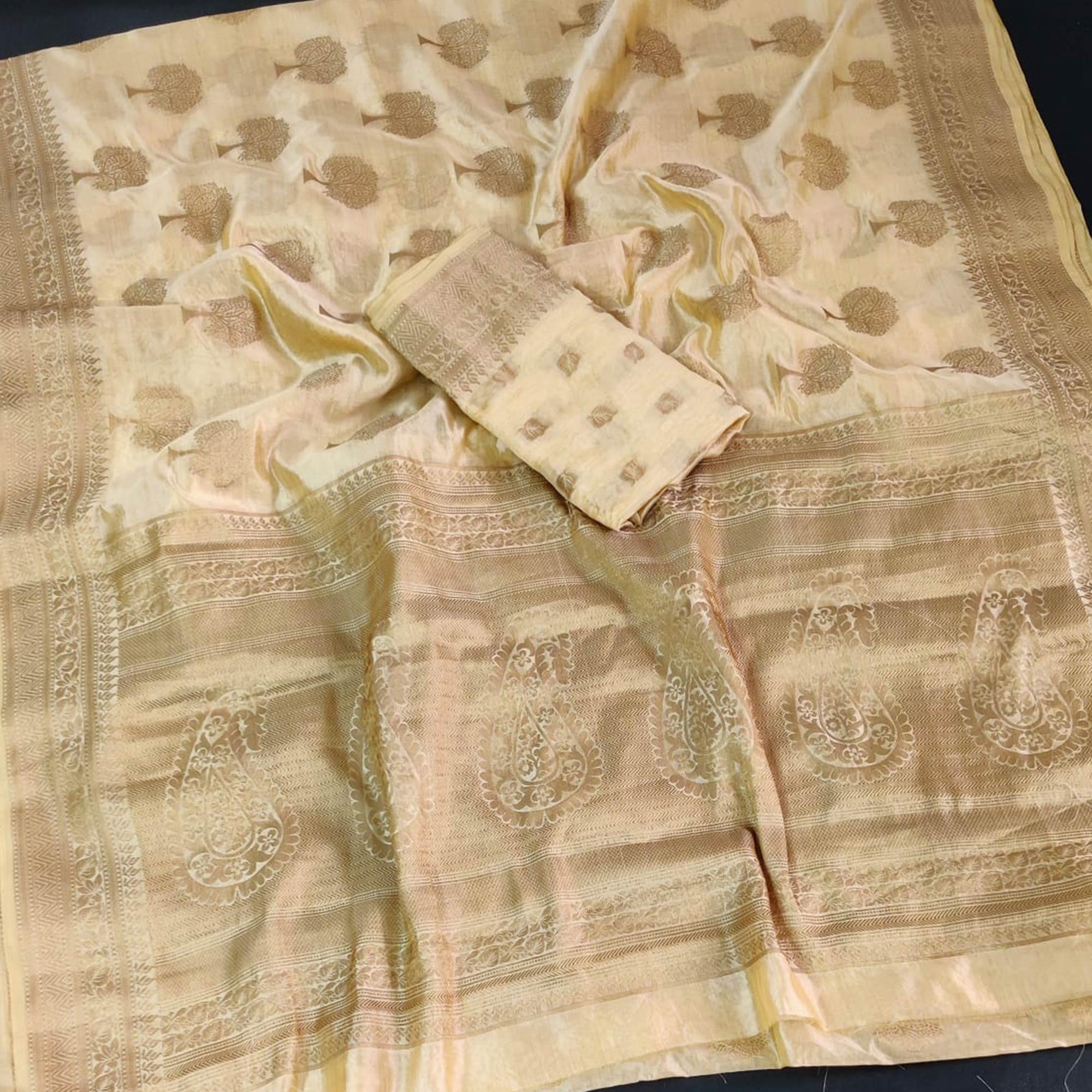 Chikoo Festive Wear Woven Soft Organza Saree - Peachmode