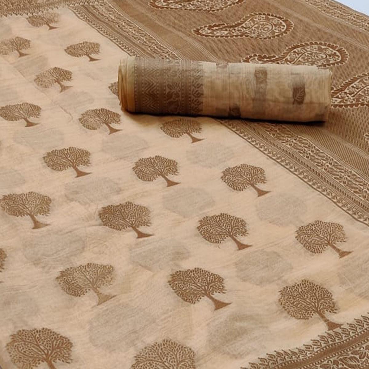Chikoo Festive Wear Woven Soft Organza Saree - Peachmode