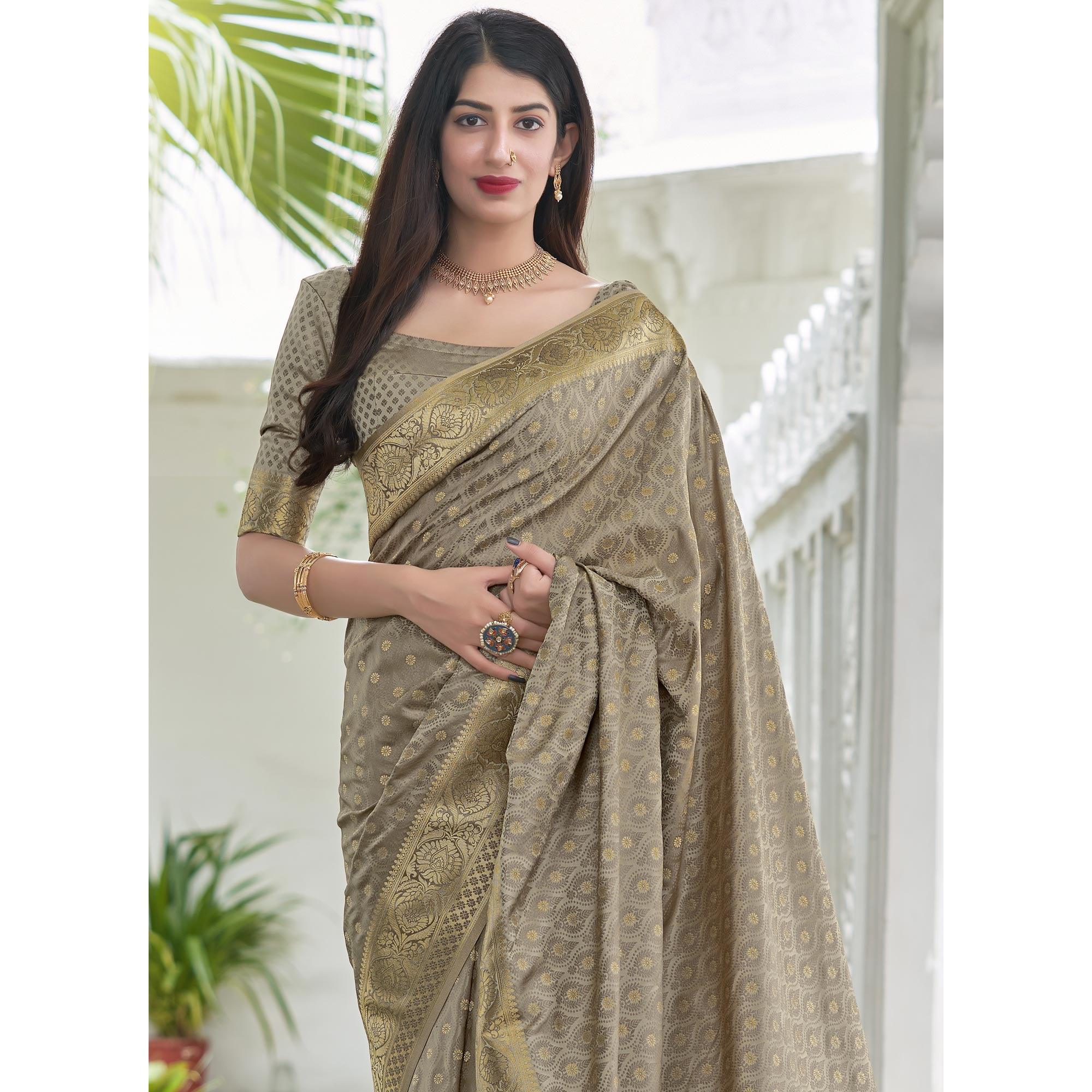 Chikoo Festive Wear Woven Soft Satin Silk Saree - Peachmode