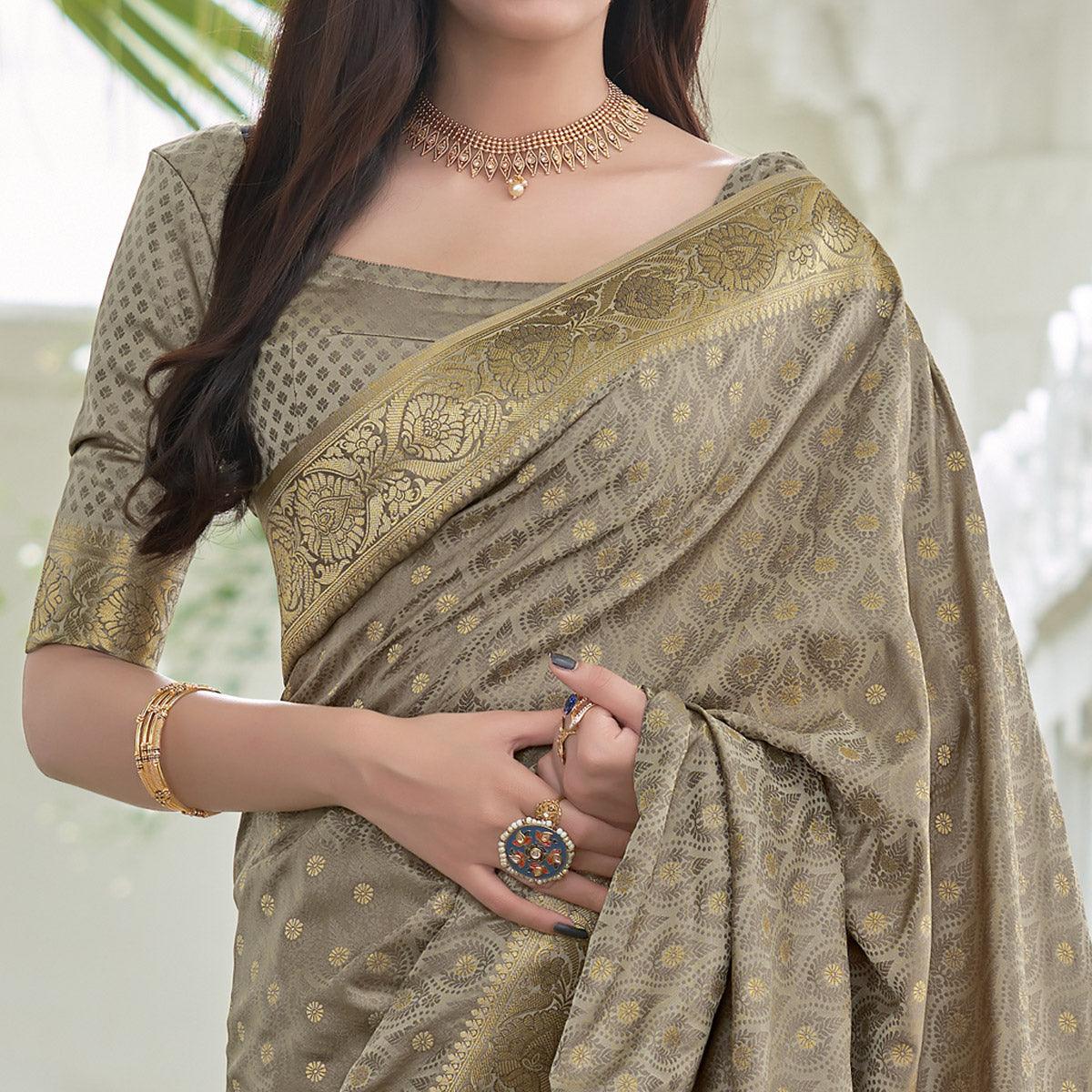 Chikoo Festive Wear Woven Soft Satin Silk Saree - Peachmode