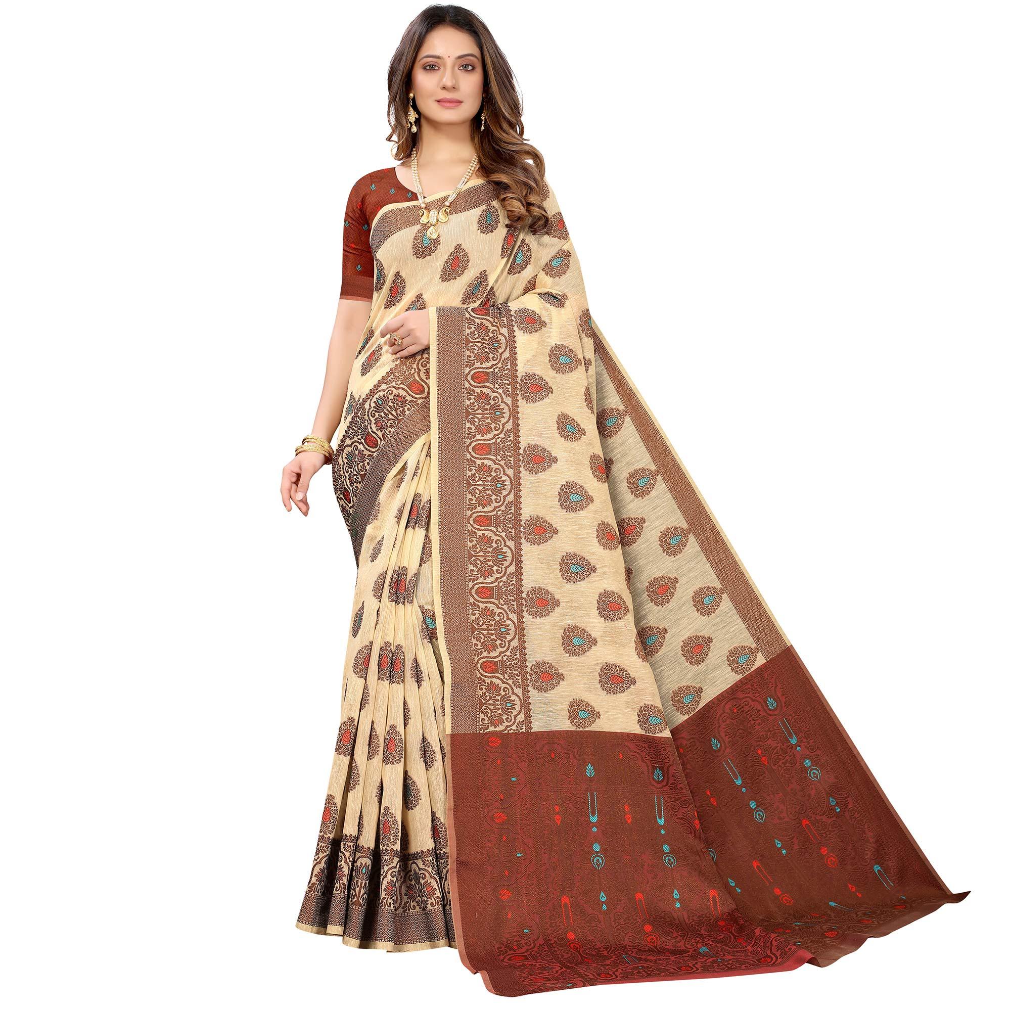 Chikoo Festive Wear Woven With Meena Butta Rich Pallu Cotton Saree - Peachmode