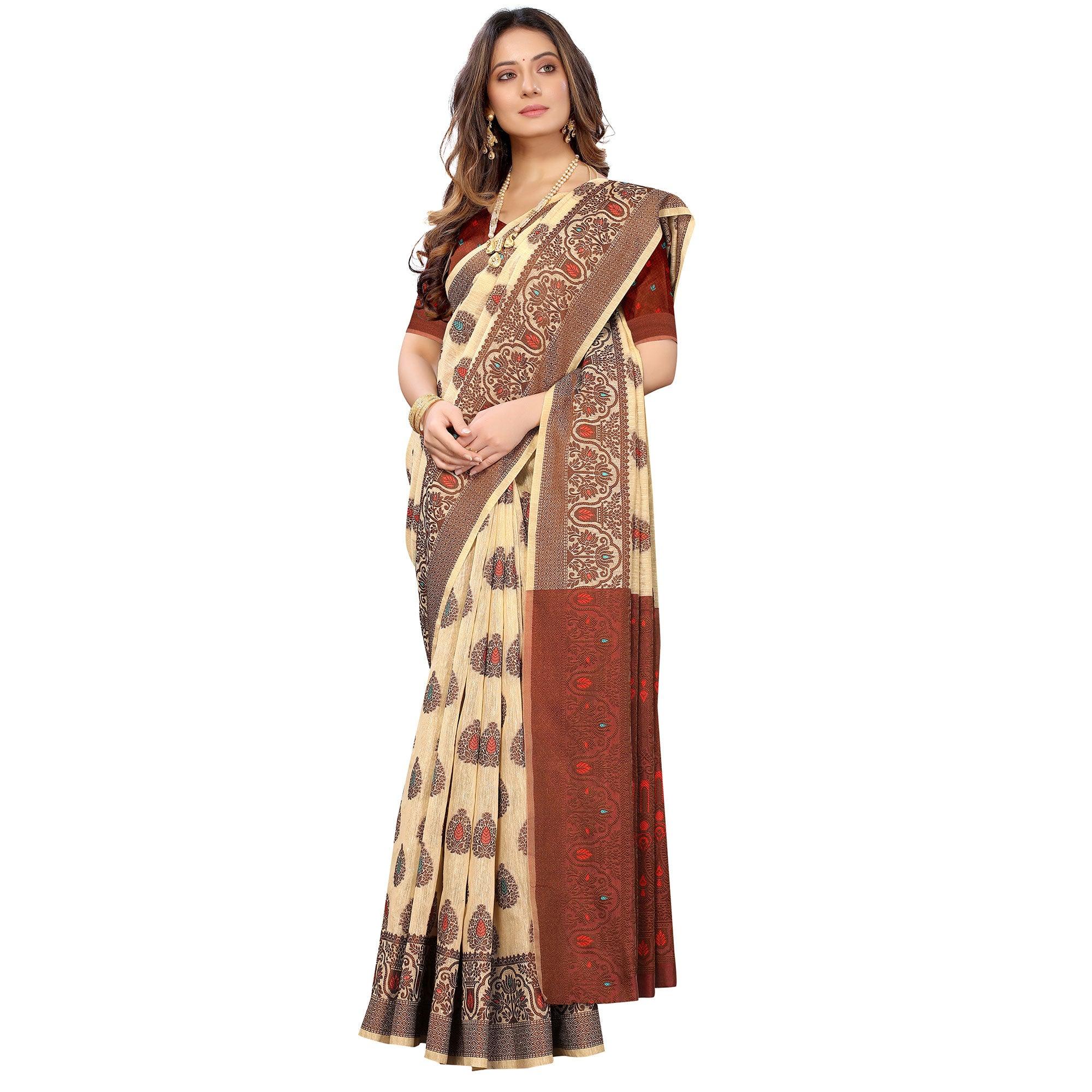 Chikoo Festive Wear Woven With Meena Butta Rich Pallu Cotton Saree - Peachmode