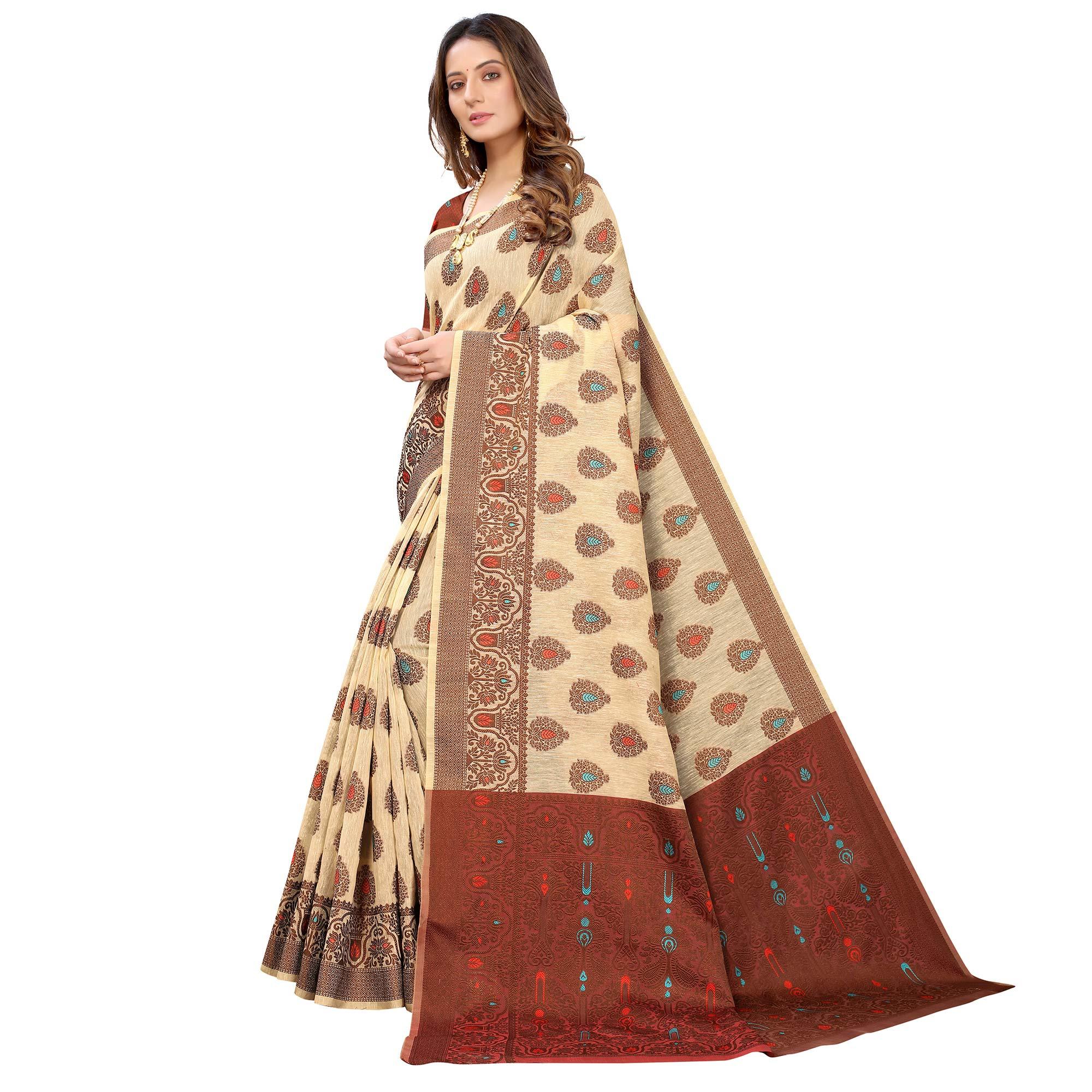 Chikoo Festive Wear Woven With Meena Butta Rich Pallu Cotton Saree - Peachmode