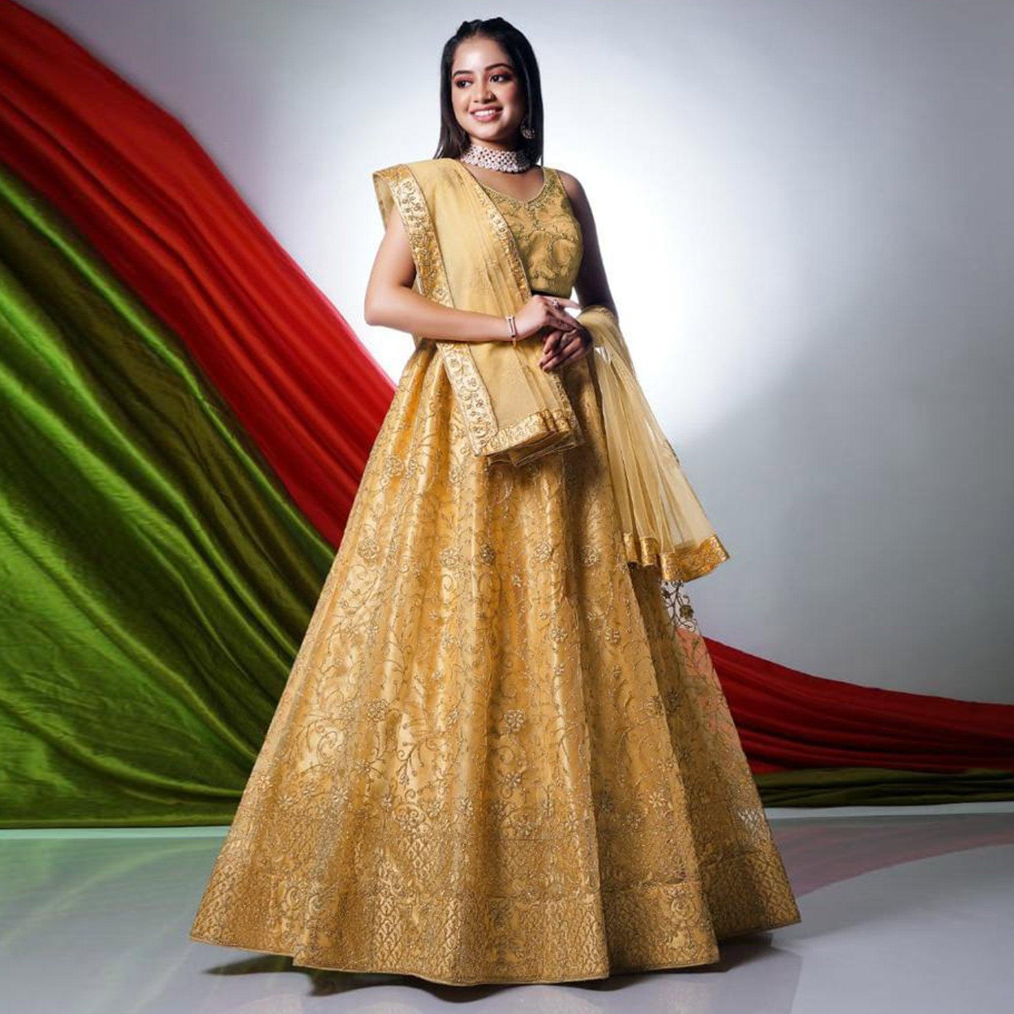 Chikoo Floral Embroidered Net Lehenga Choli - Peachmode