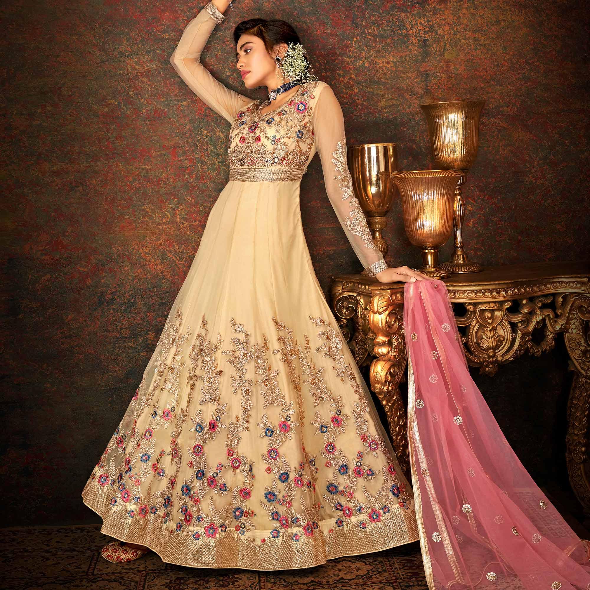 Chikoo Floral Embroidered Net Partywear Gown - Peachmode